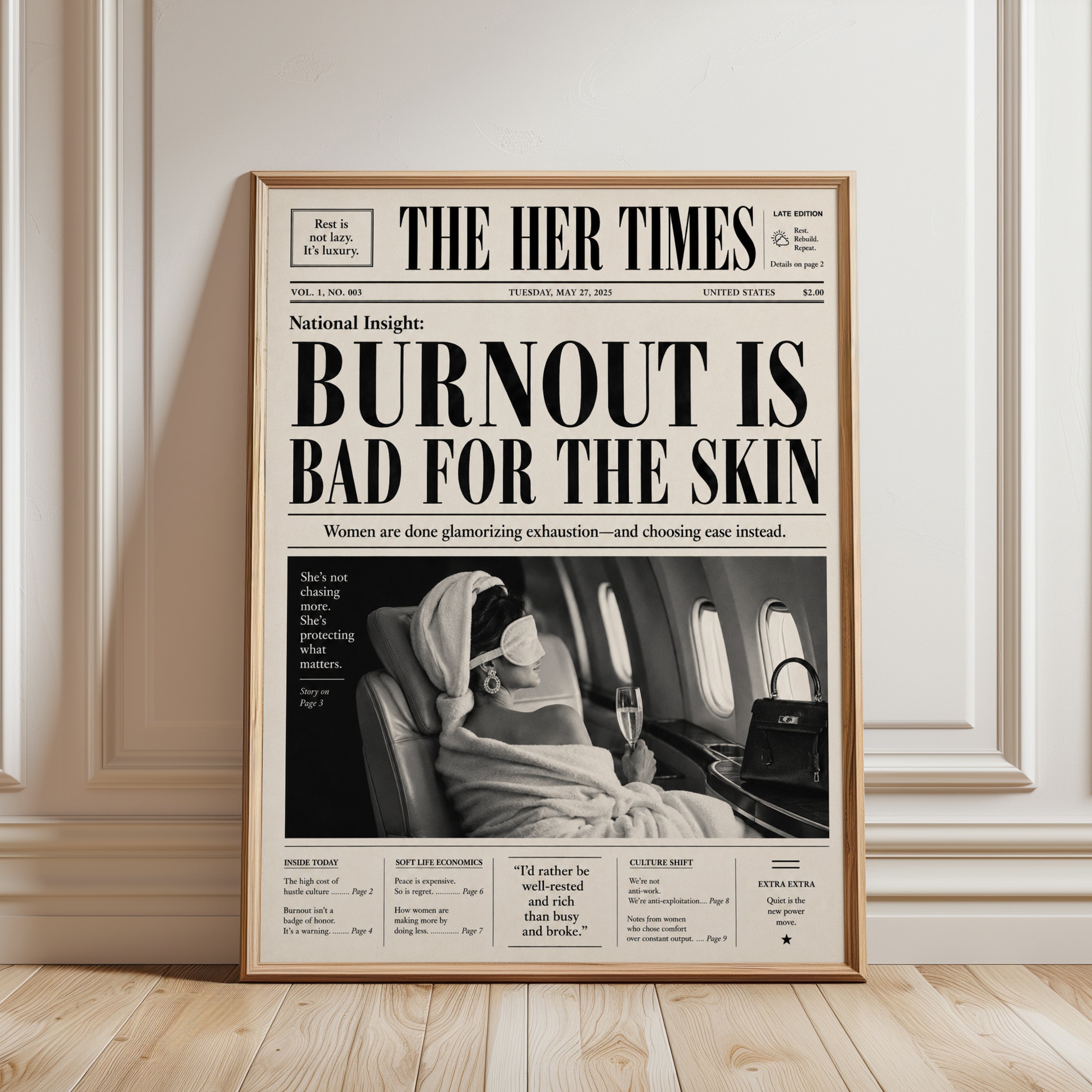 Self-Care Wall Art: Vintage Newspaper Style - framed detail
