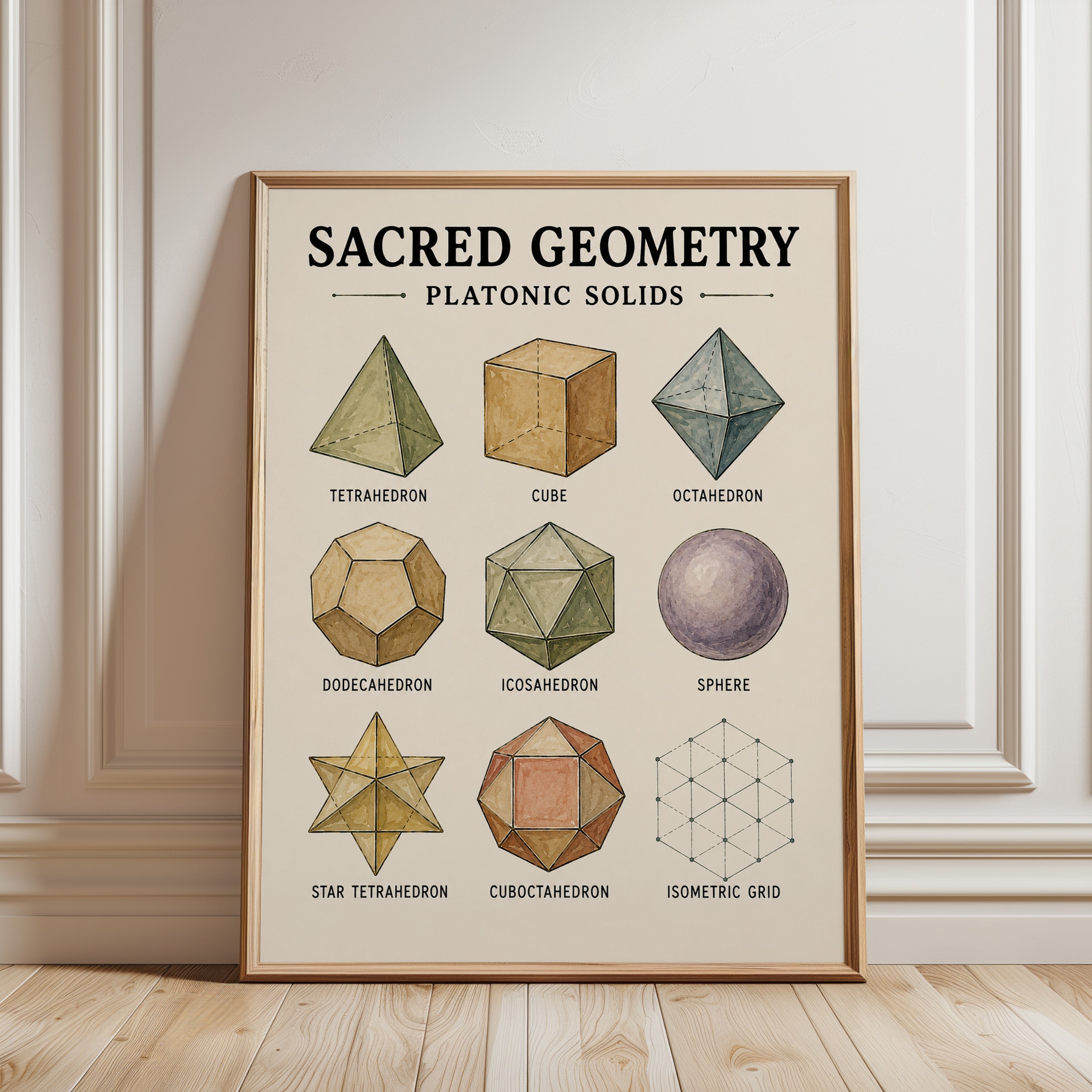 Sacred Geometry Print — Platonic Solids Chart - framed detail