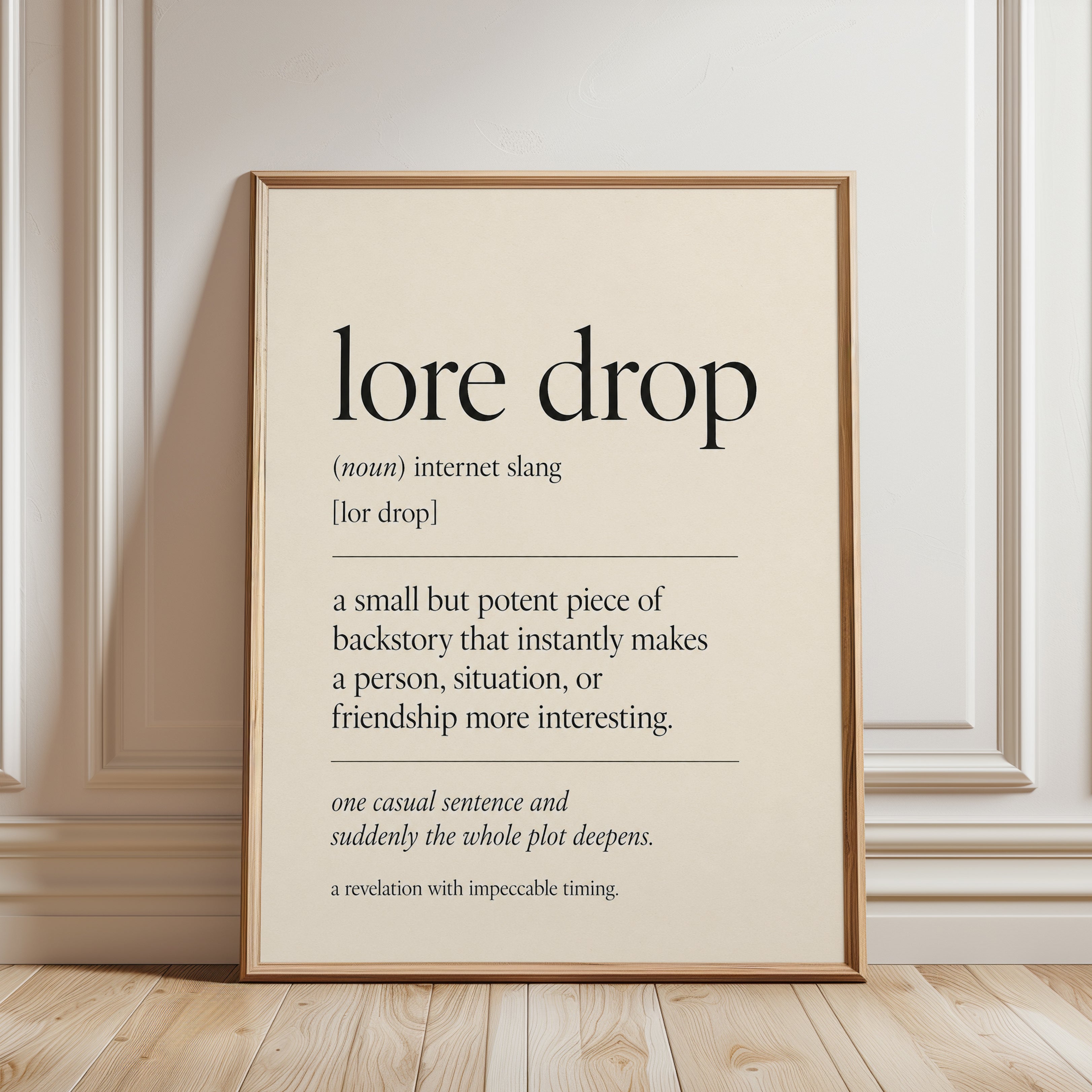 Lore Drop Definition Print: Minimalist Typography Wall Art - framed detail