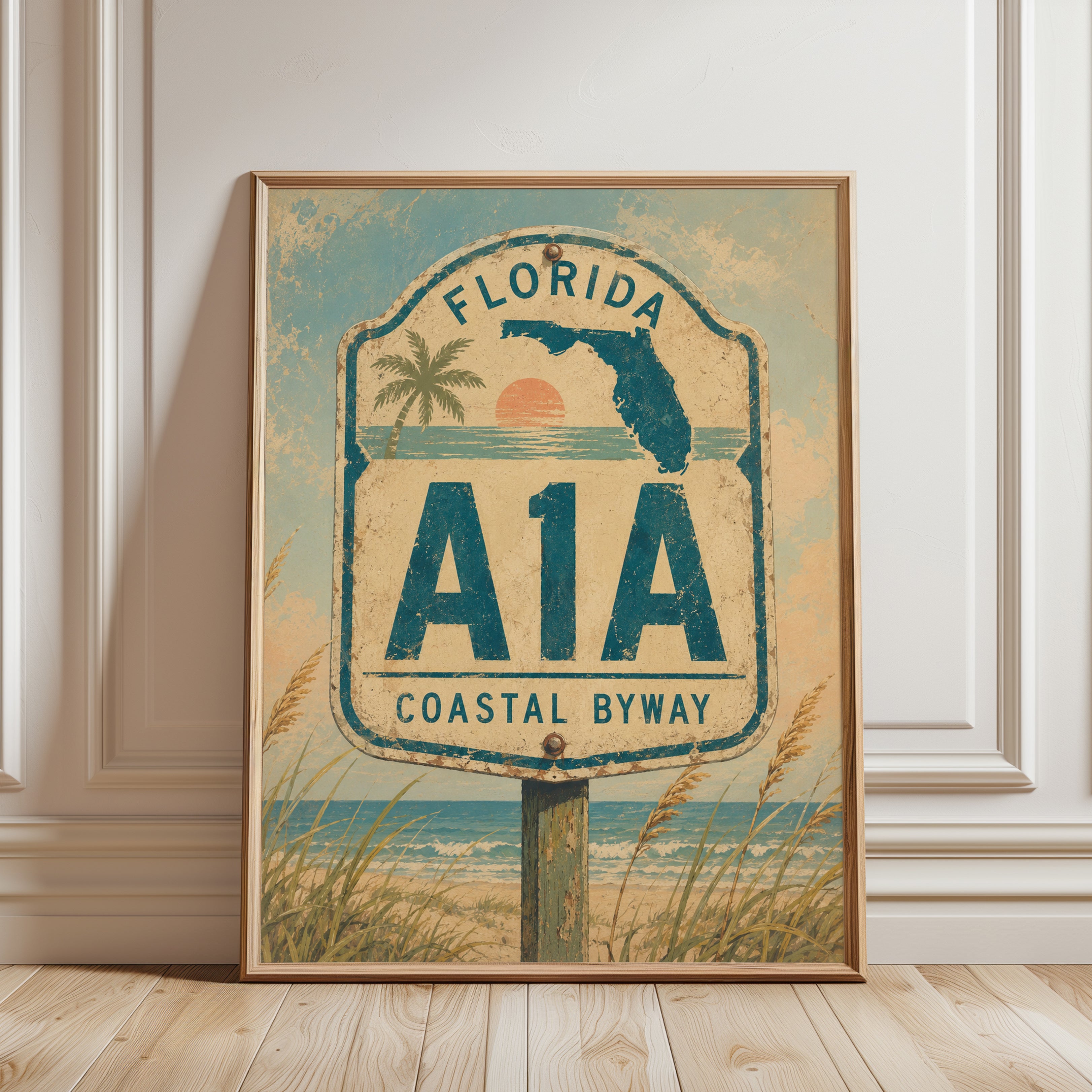 Florida Travel Poster – A1A Coastal Byway Print - framed detail