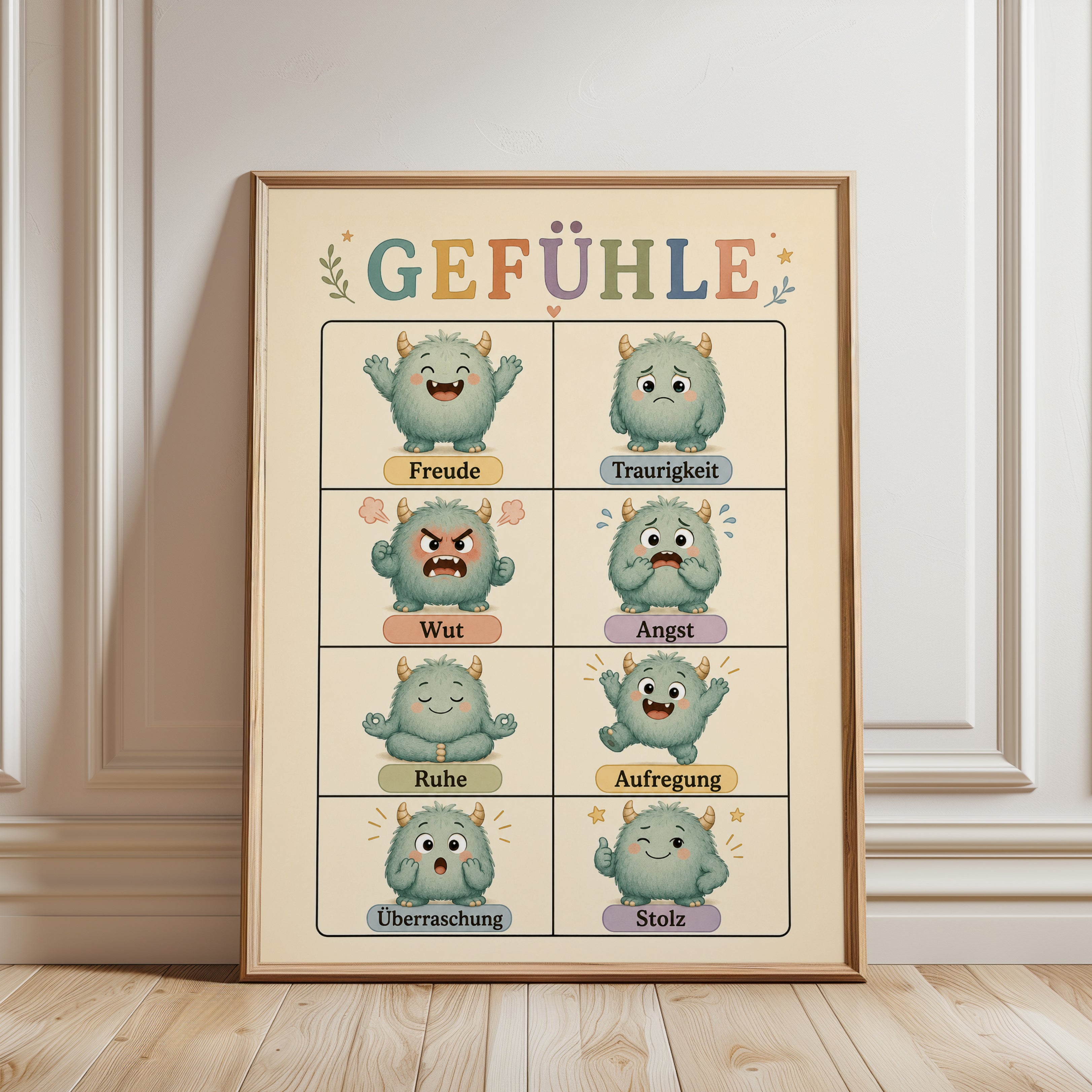 Emotions Chart Print: German Language Learning (Kids Nursery Decor) - framed detail