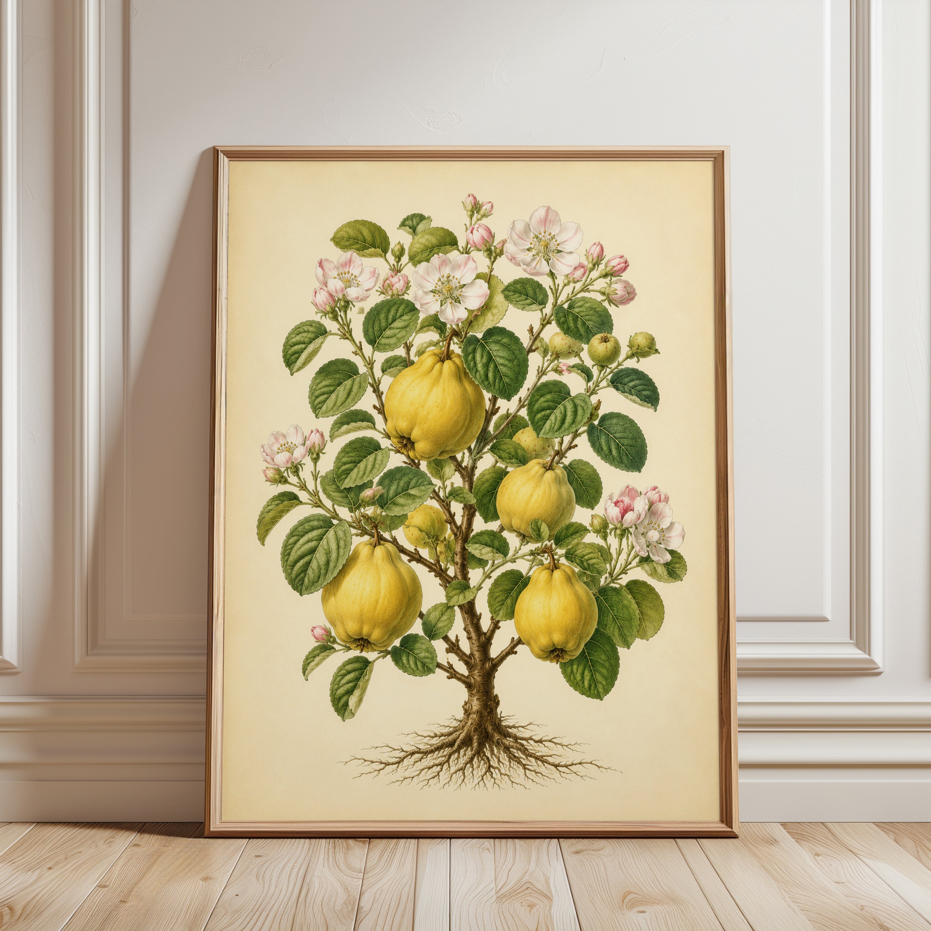 Vintage Quince Botanical Print — Hand-Painted Fruit Tree Illustration - framed detail