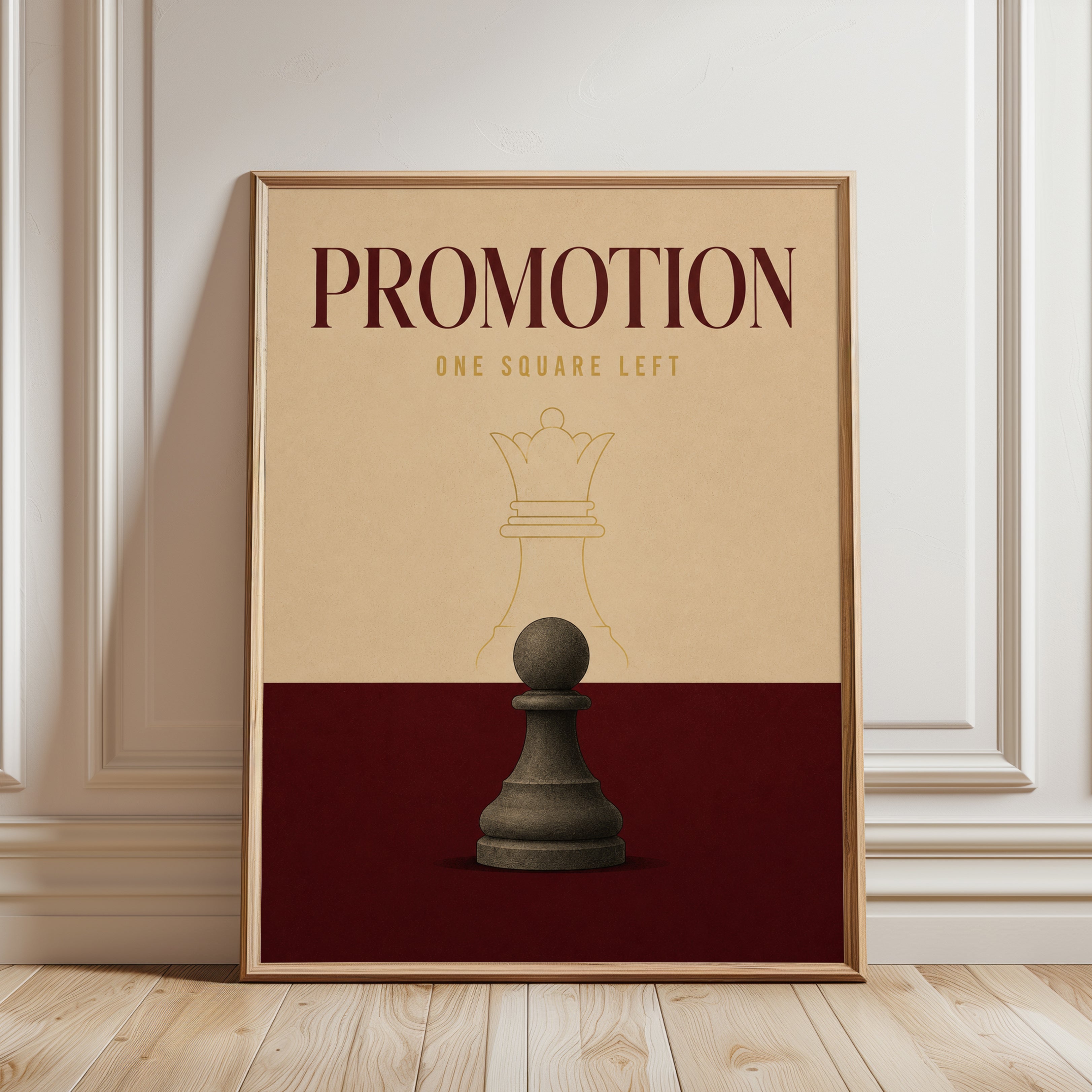 Chess Promotion Poster: Minimalist Pawn to Queen Art Print - framed detail