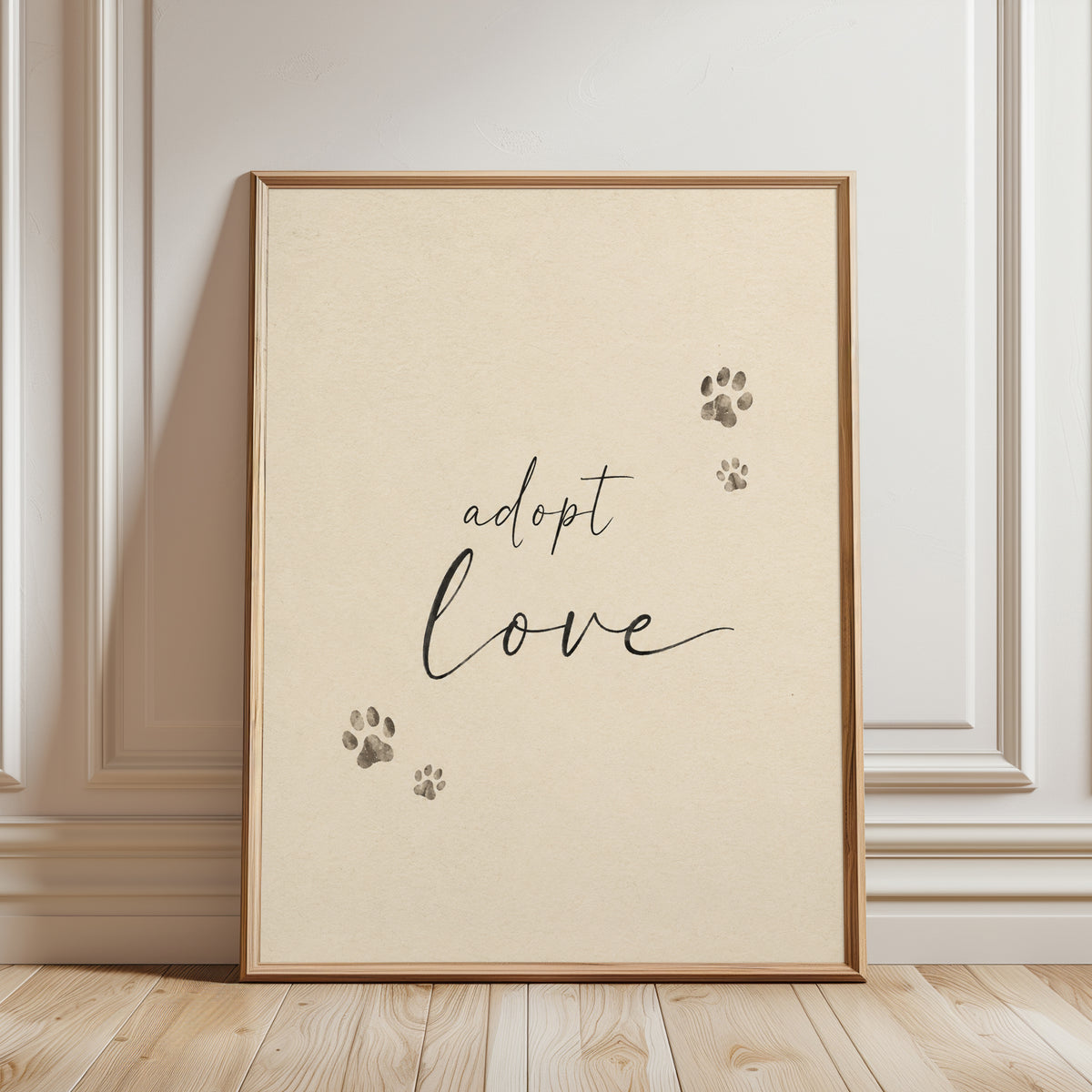 Adopt Love Print: Pet Adoption Quote with Paw Prints - framed detail