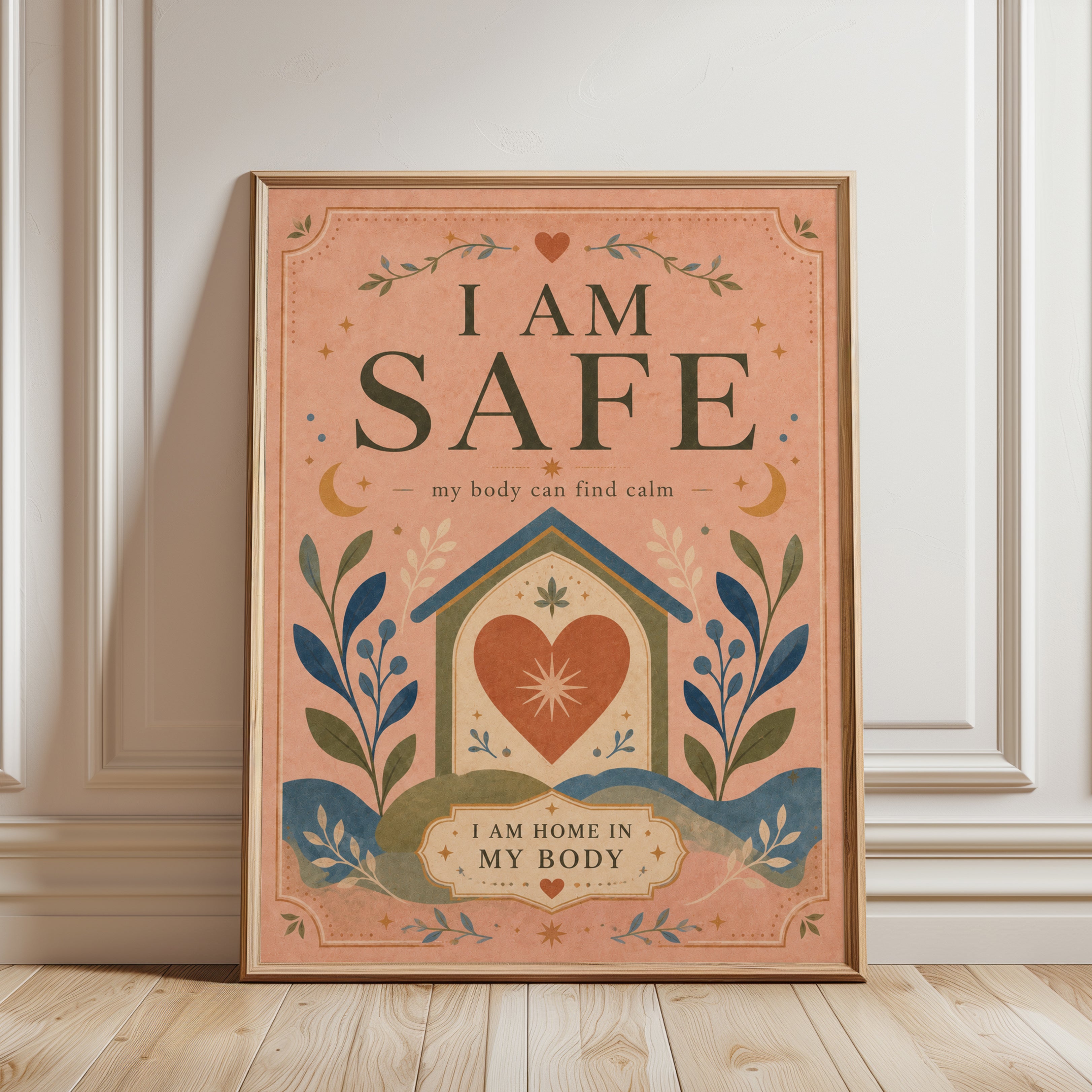 Affirmation Folk Art – I Am Safe Print - framed detail