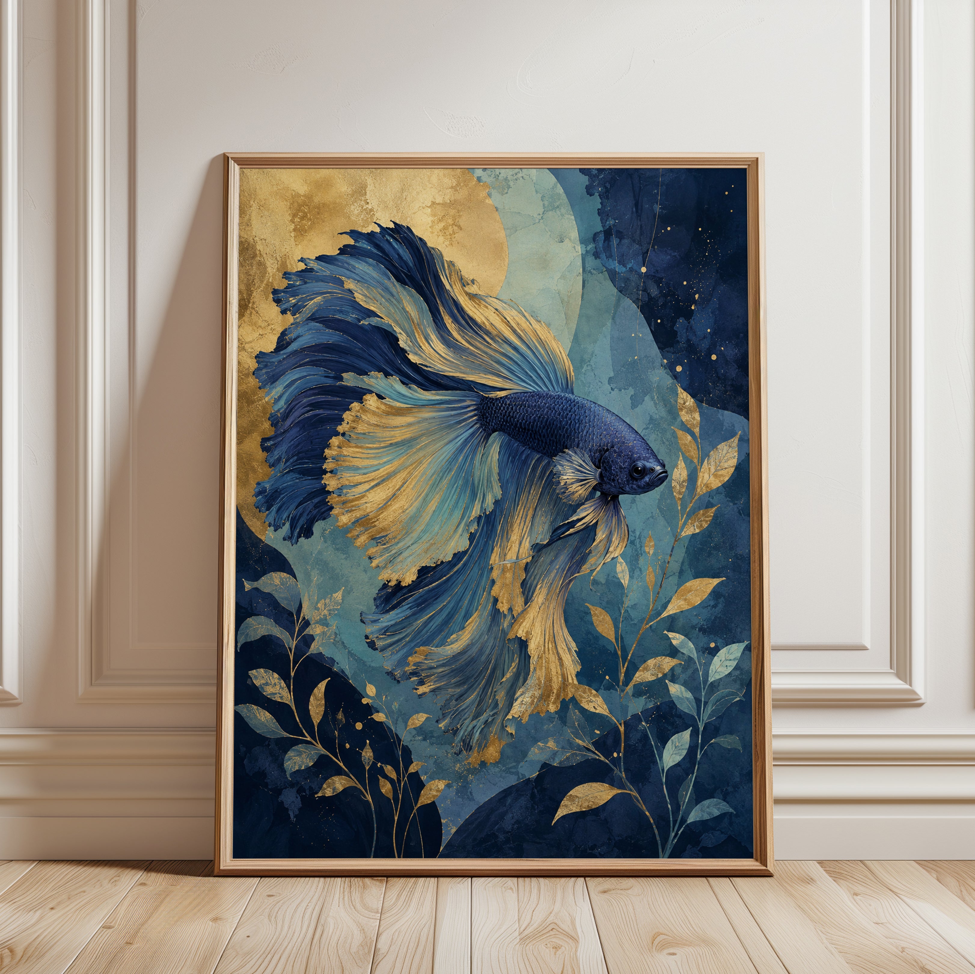 Betta Fish Wall Art – Blue Gold Ocean Print - framed detail