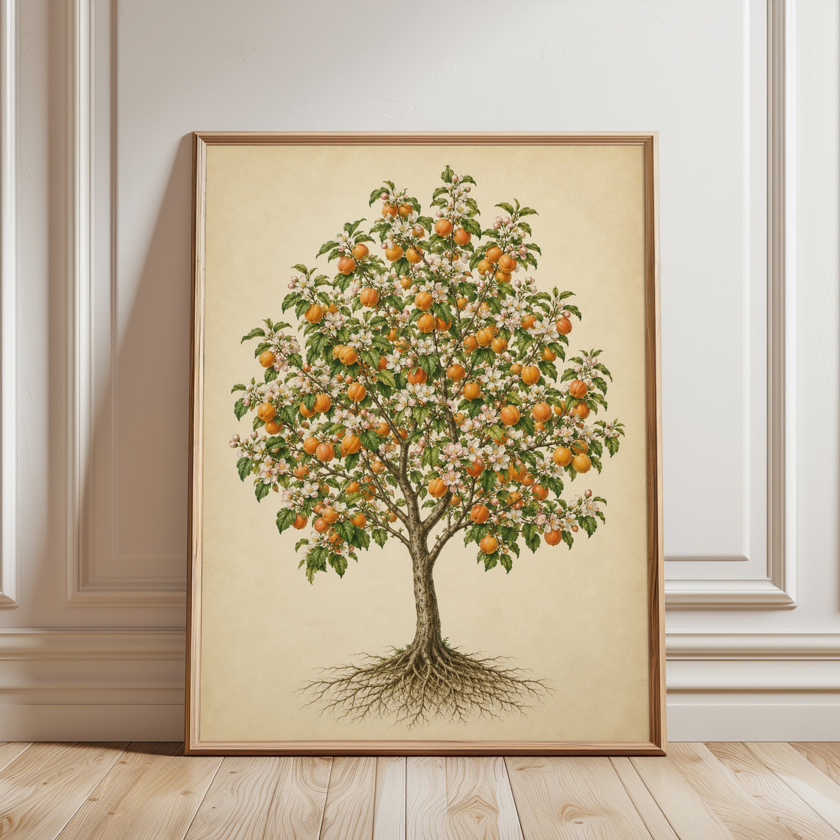 Vintage Orange Tree Botanical Print – Hand-Painted Fruit Blossoms - framed detail