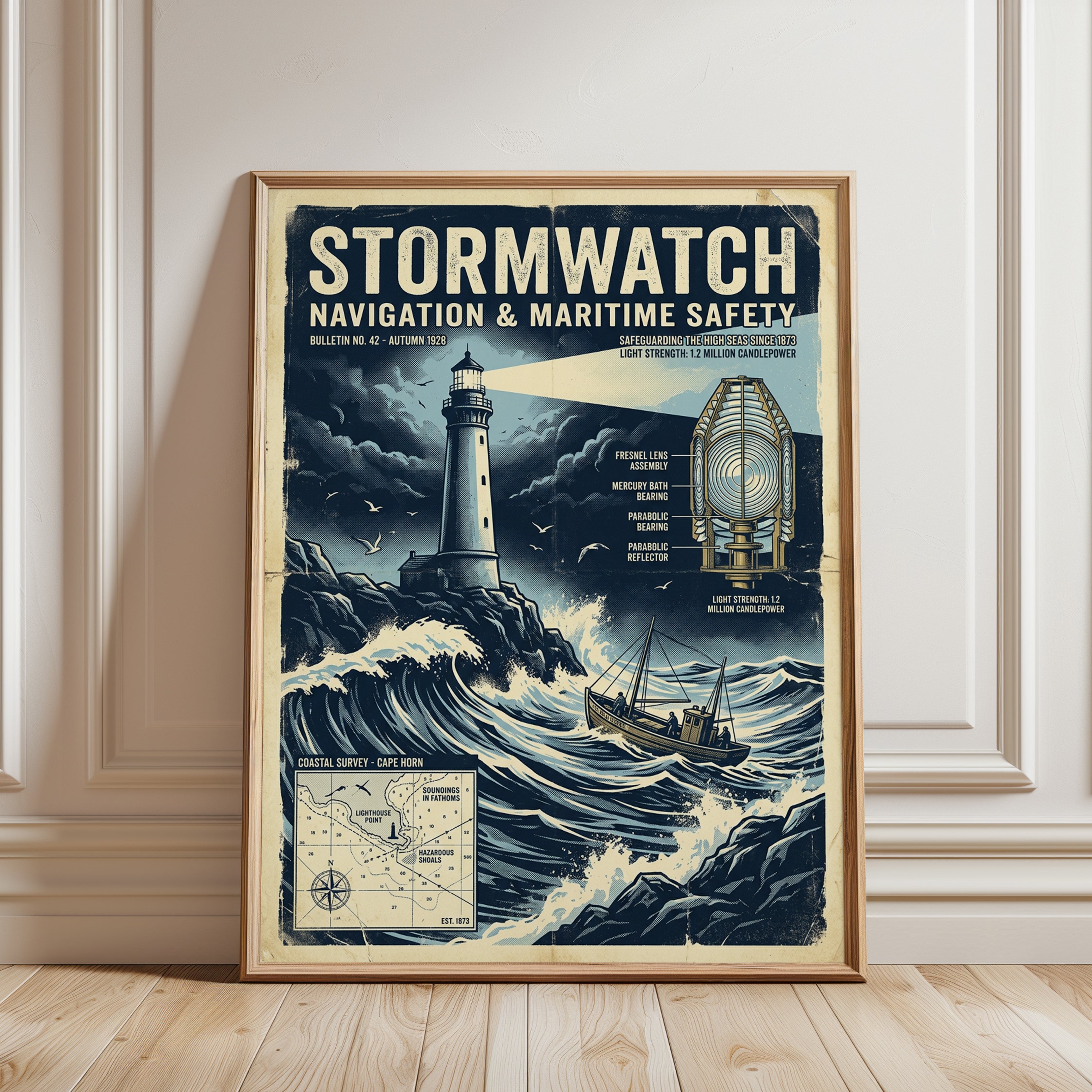 Vintage Maritime Storm Lighthouse Poster: Nautical Safety Art - framed detail