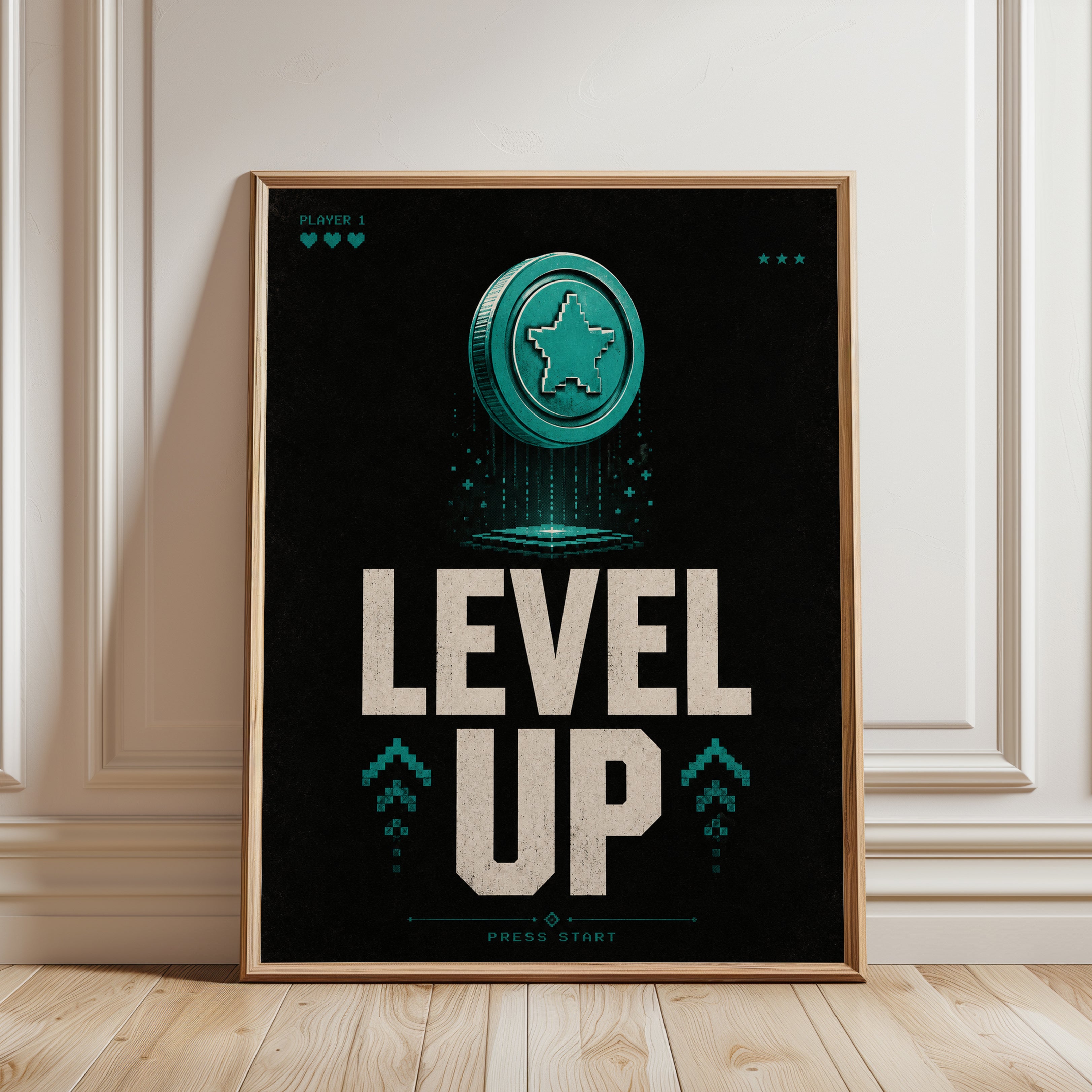 Level Up Gaming Print: Retro Pixel Art - framed detail