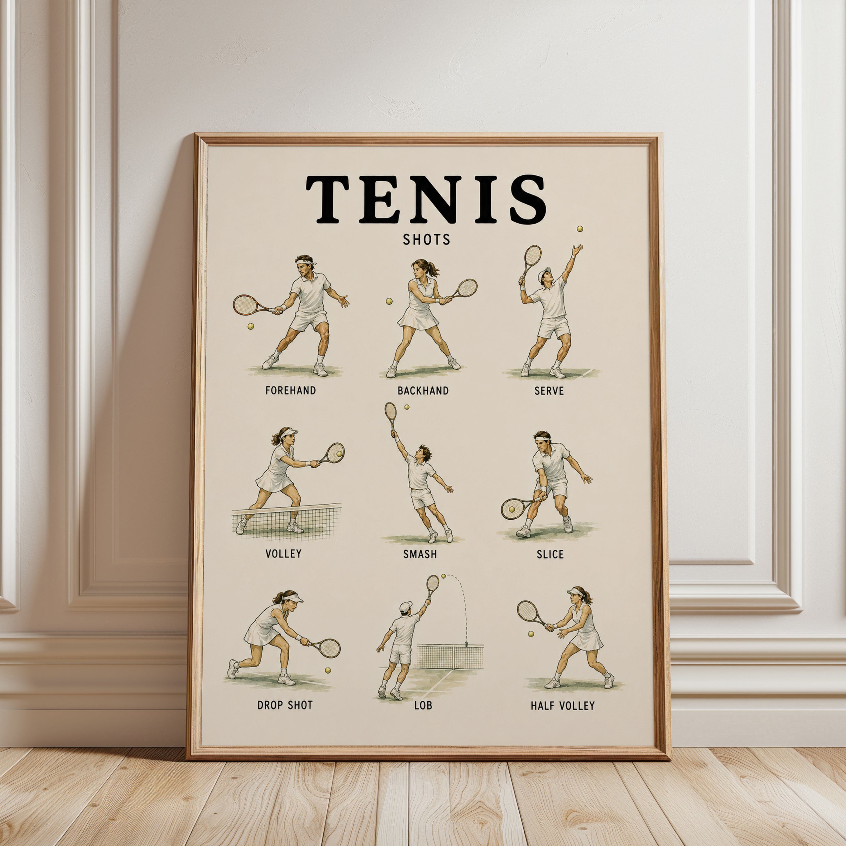 Tennis Shots Educational Print — Vintage Instructional Diagram - framed detail