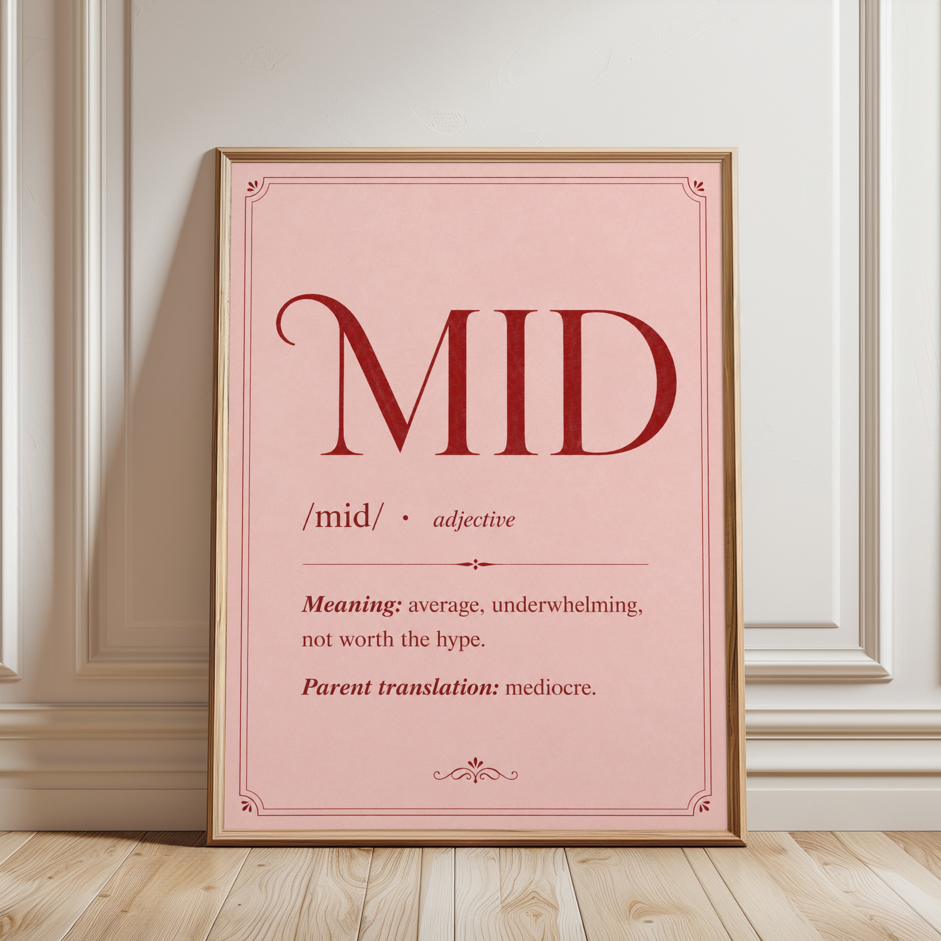 Mid Definition Typography Print: Pink Dictionary Style Wall Art - framed detail