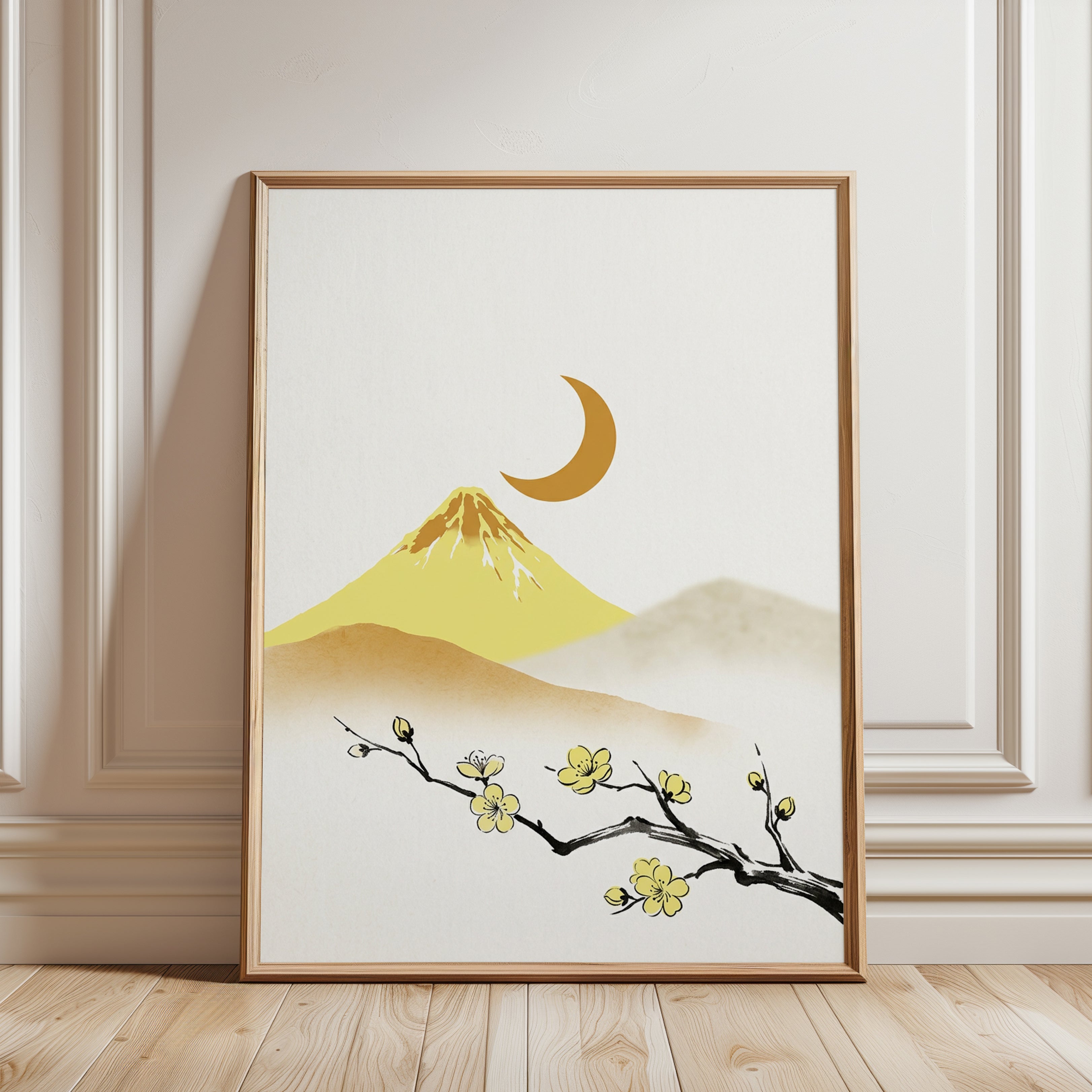 Japanese Mountain Moon Art Print: Minimalist Yellow Landscape - framed detail