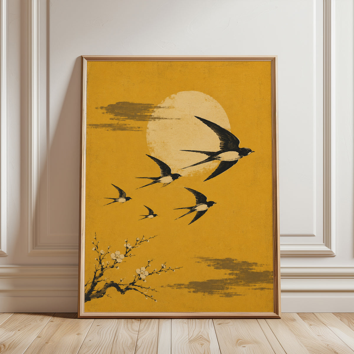 Vintage Japanese Swallows Print - framed detail