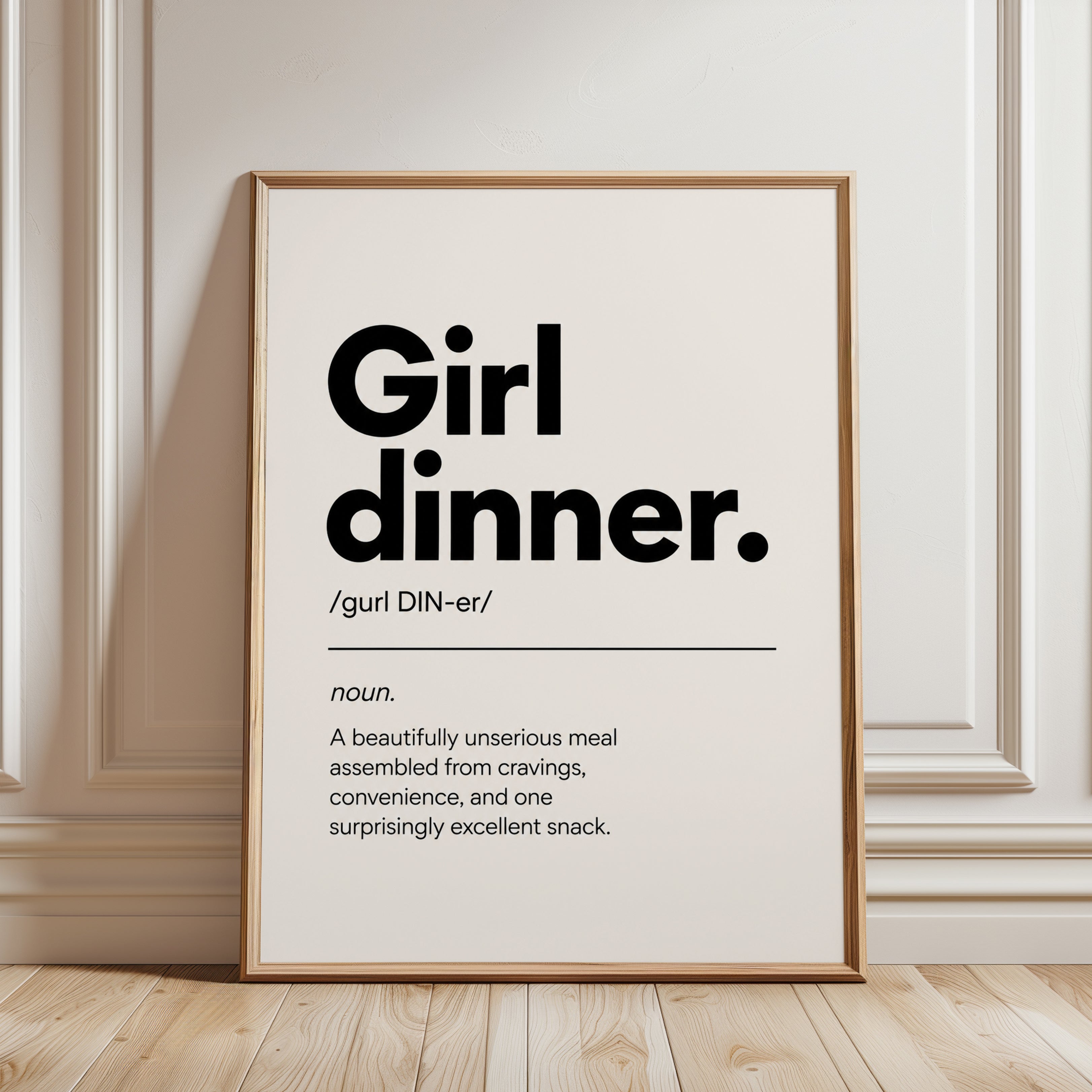 Girl Dinner Definition Print: Minimalist Typography Wall Art - framed detail