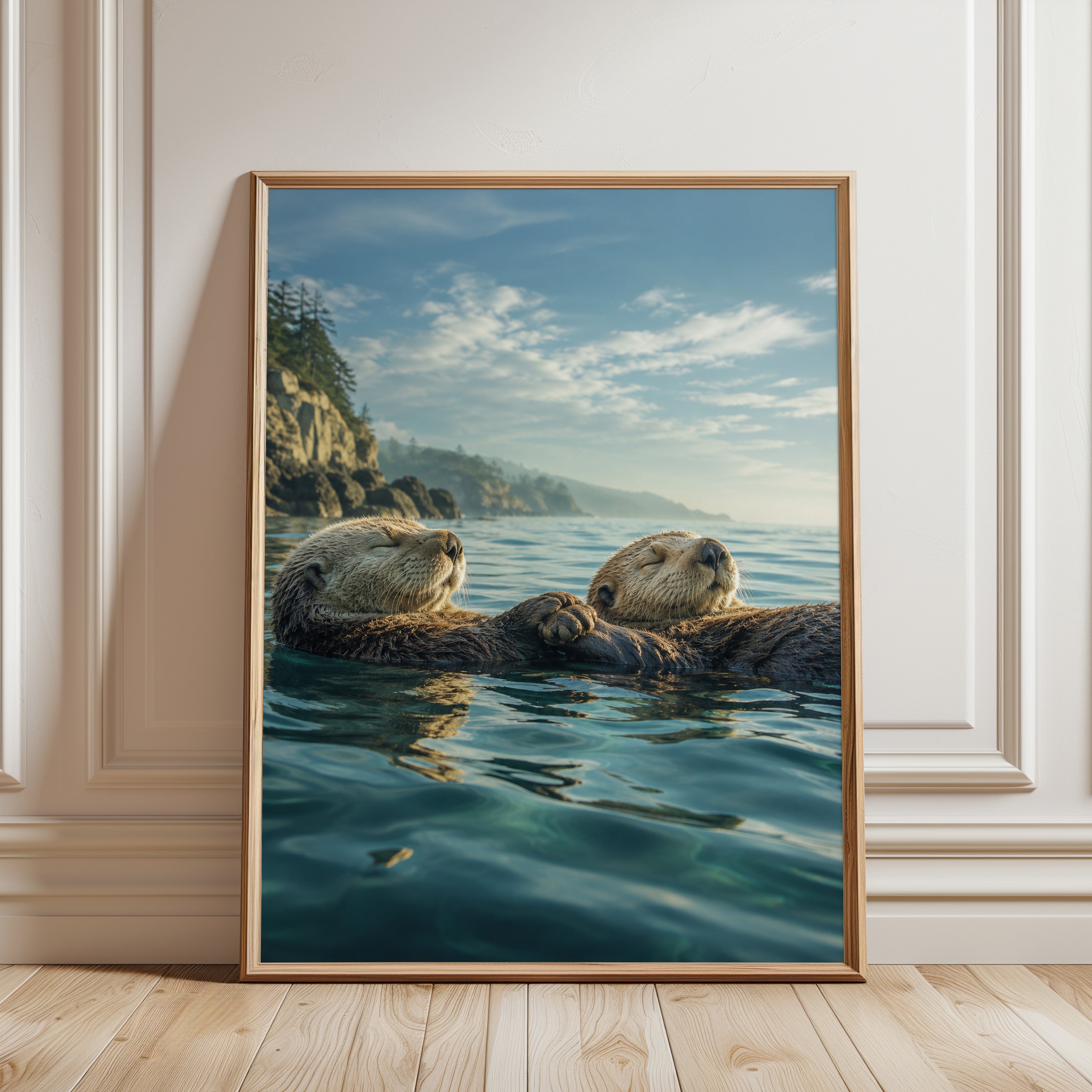 Sea Otters Coastal Photography Print: Wildlife Blue Ocean Art - framed detail