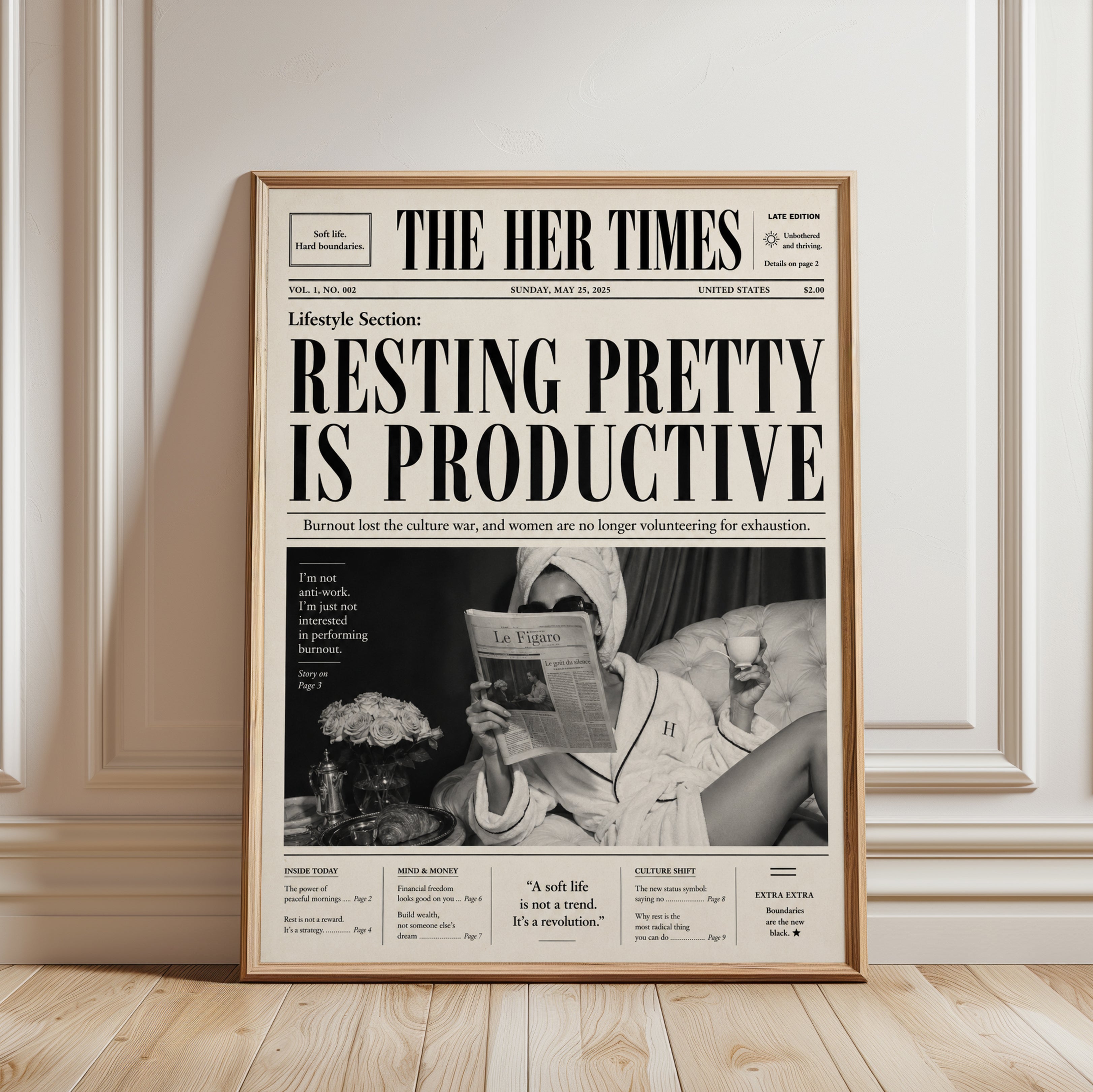 The Her Times Newspaper Print: Black and White Lifestyle Art - framed detail
