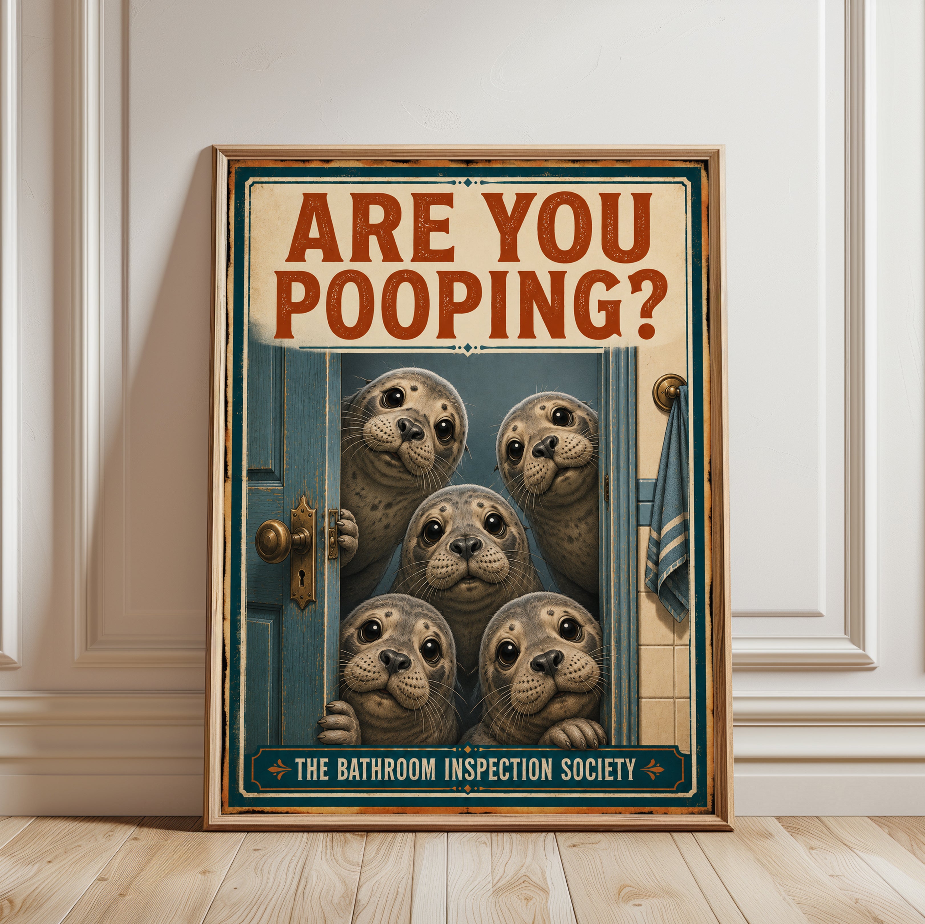 Bathroom Wall Art: Funny Seal Design (Vintage Style - framed detail
