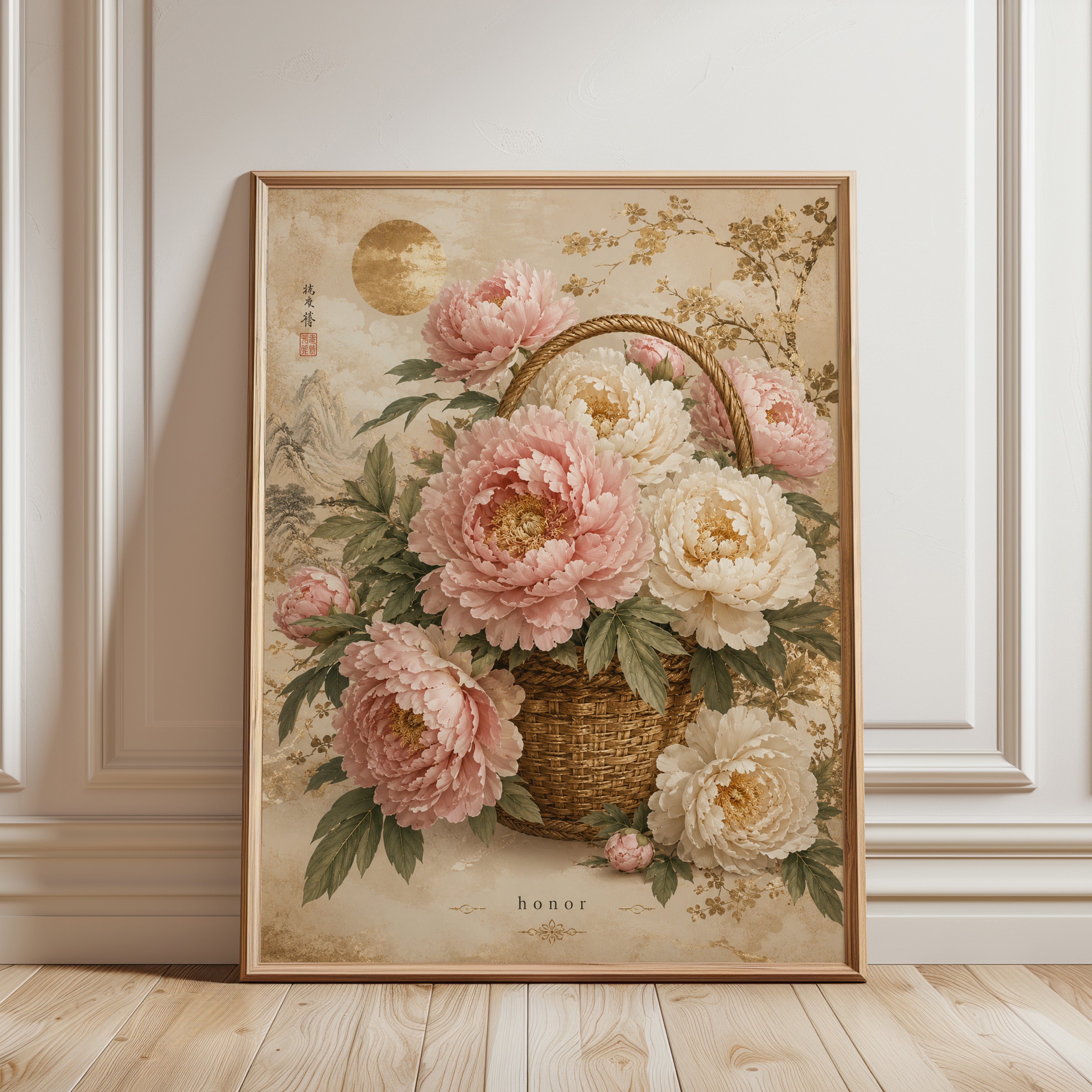 Peony Basket Wall Art – Asian Floral Print - framed detail