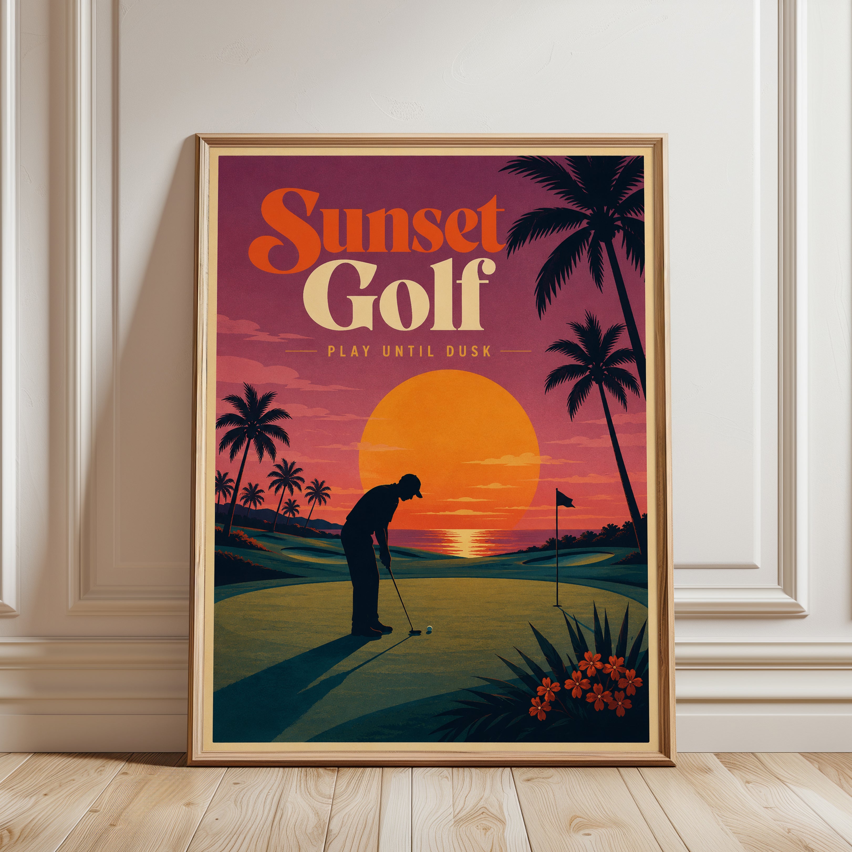 Vintage Golf Poster Print: Retro Sunset Palm Trees - framed detail