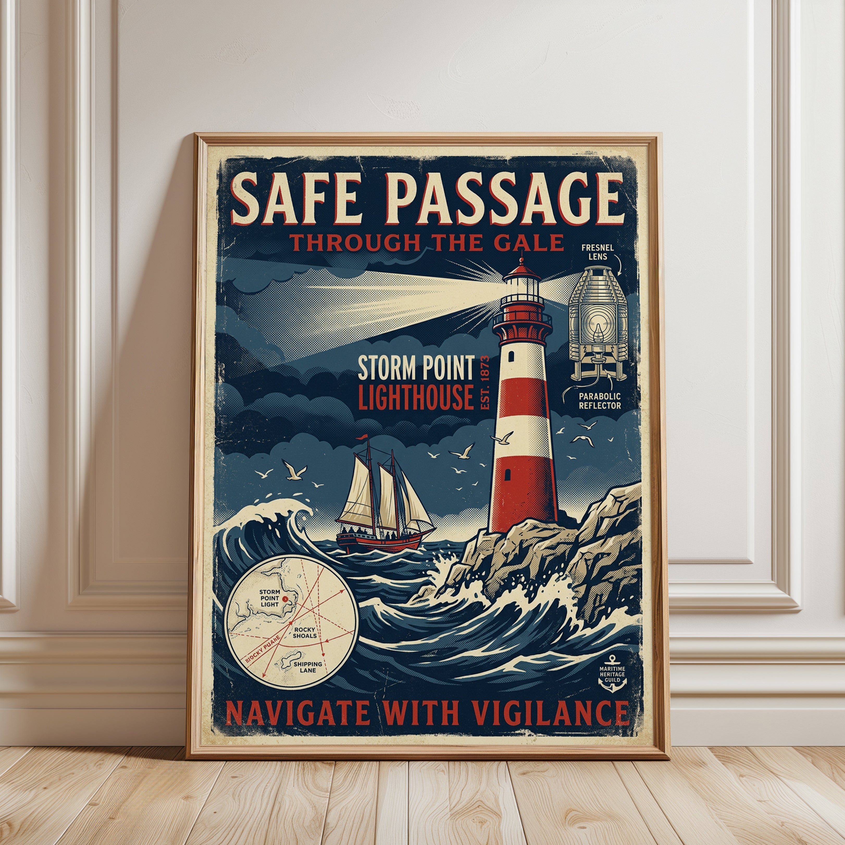Lighthouse Vintage Nautical Print — Retro Storm Point Maritime Poster - framed detail