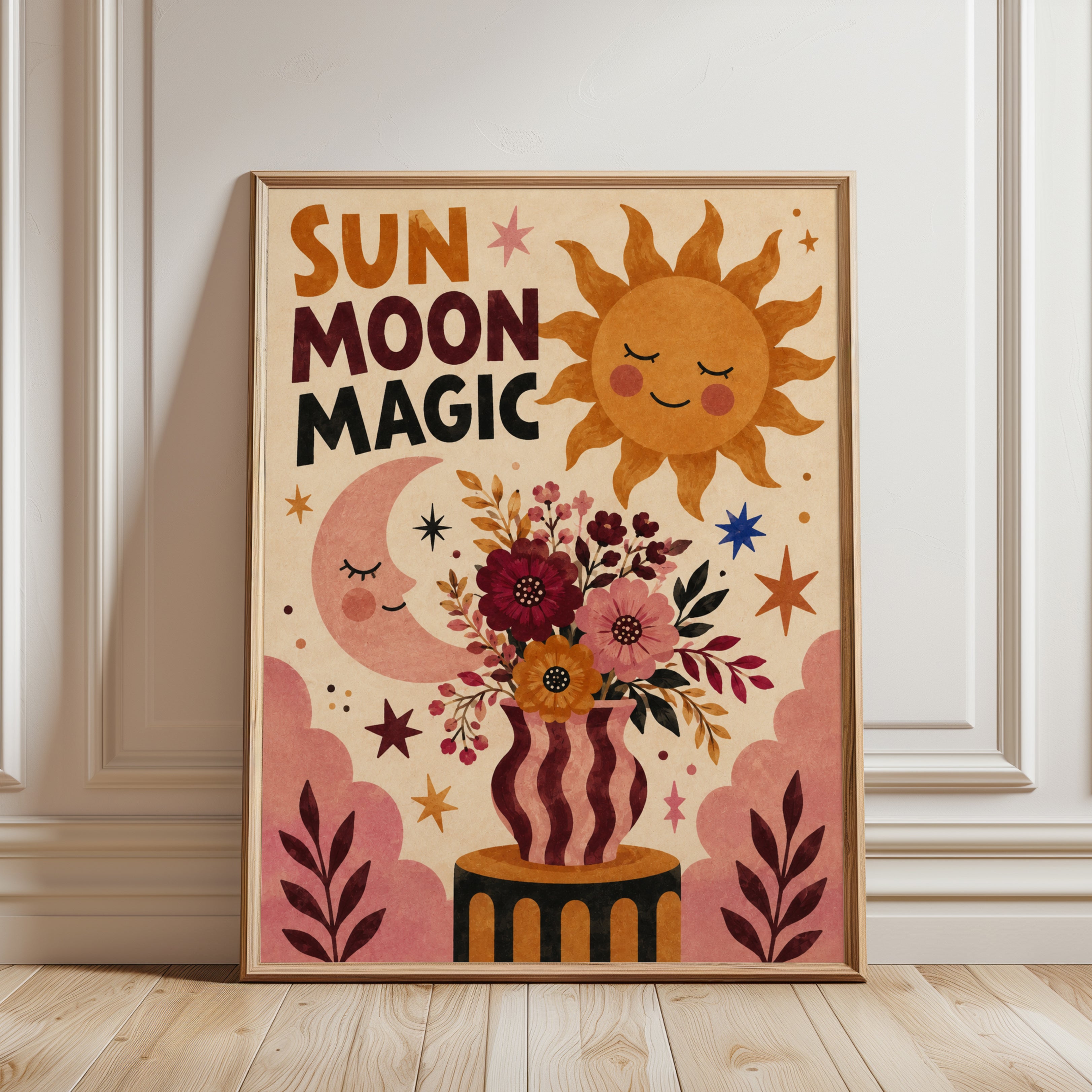 Sun Moon Magic Poster: Retro Celestial Folk Art with Flowers - framed detail