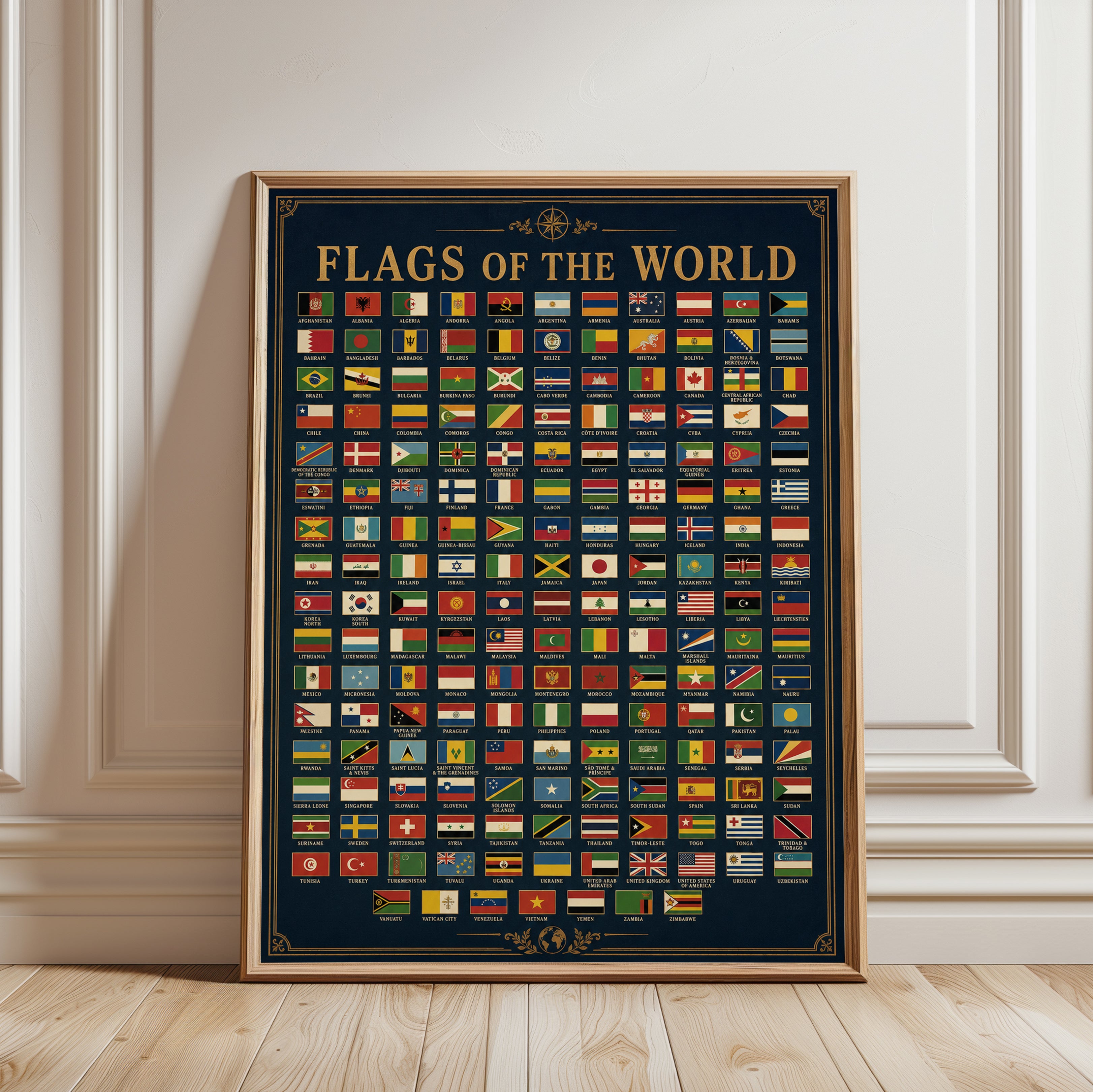 Flags of the World Poster: Vintage Educational Chart Art Print - framed detail