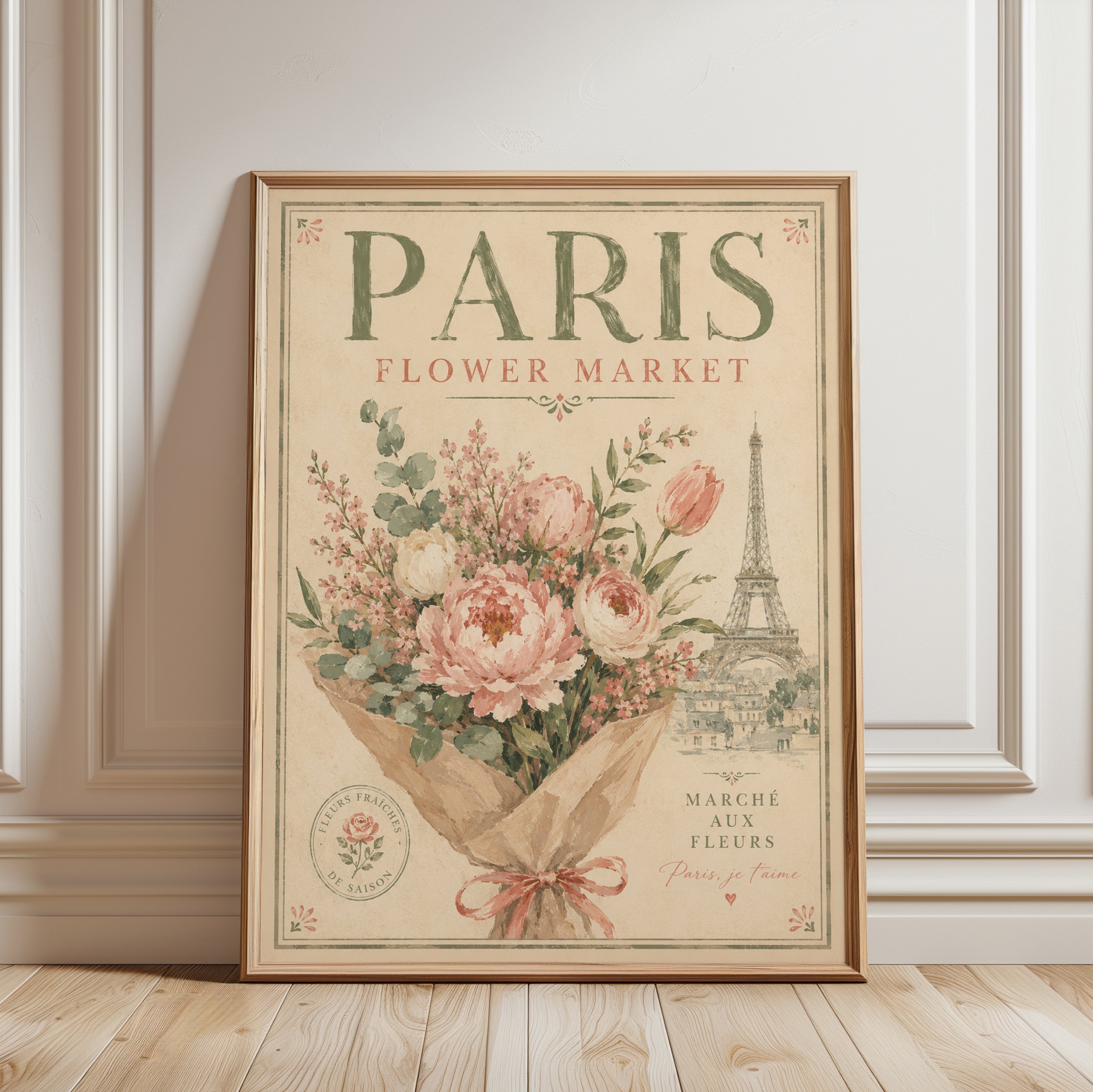 Paris Flower Market Poster: Vintage French Botanical Wall Art - framed detail
