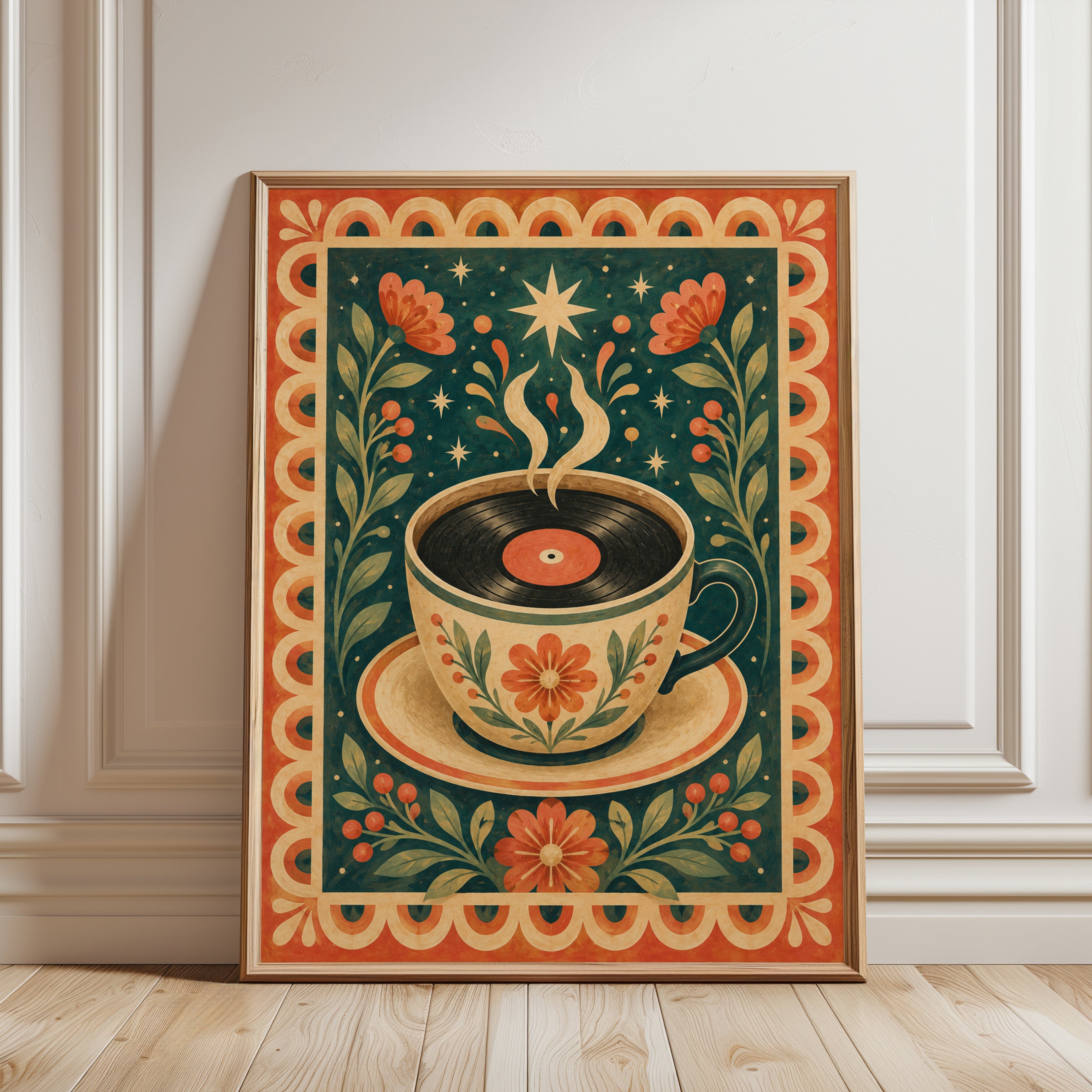 Folk Art Coffee Print – Vinyl Record Cup Wall Art - framed detail