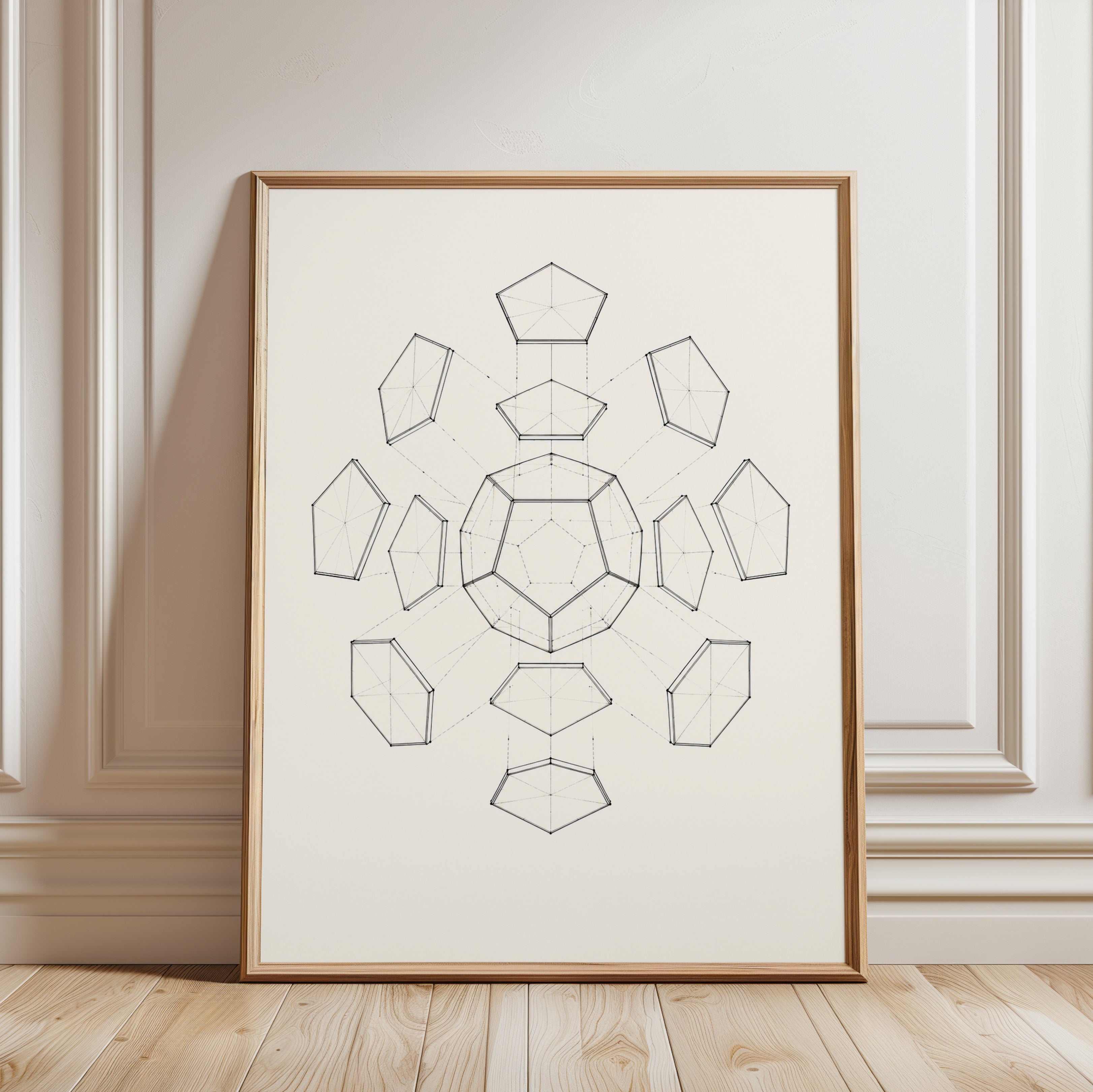 Sacred Geometry Dodecahedron Print: Minimalist Line Art - framed detail