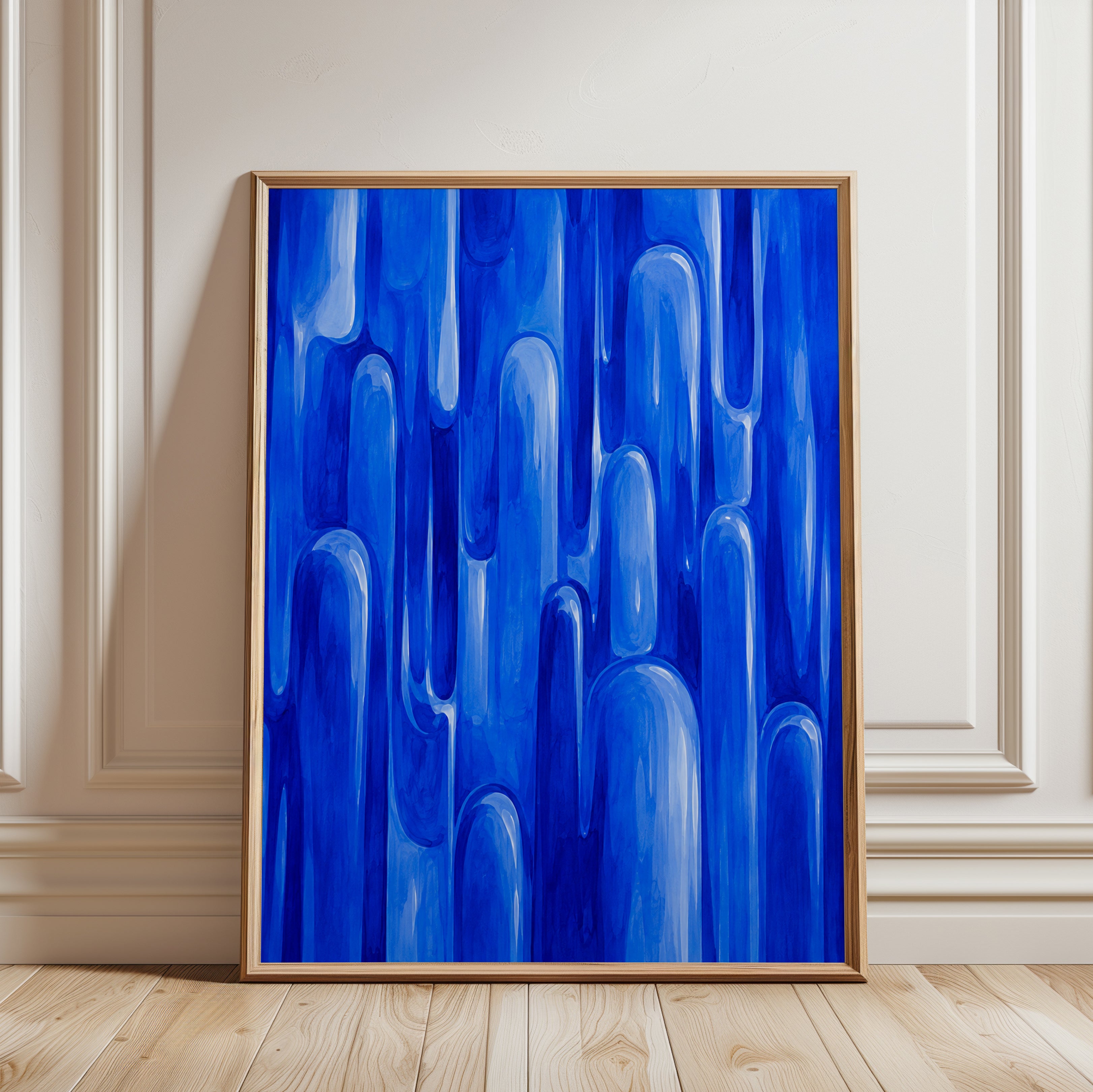 Blue Abstract Drip Painting: Contemporary Fluid Art Print - framed detail