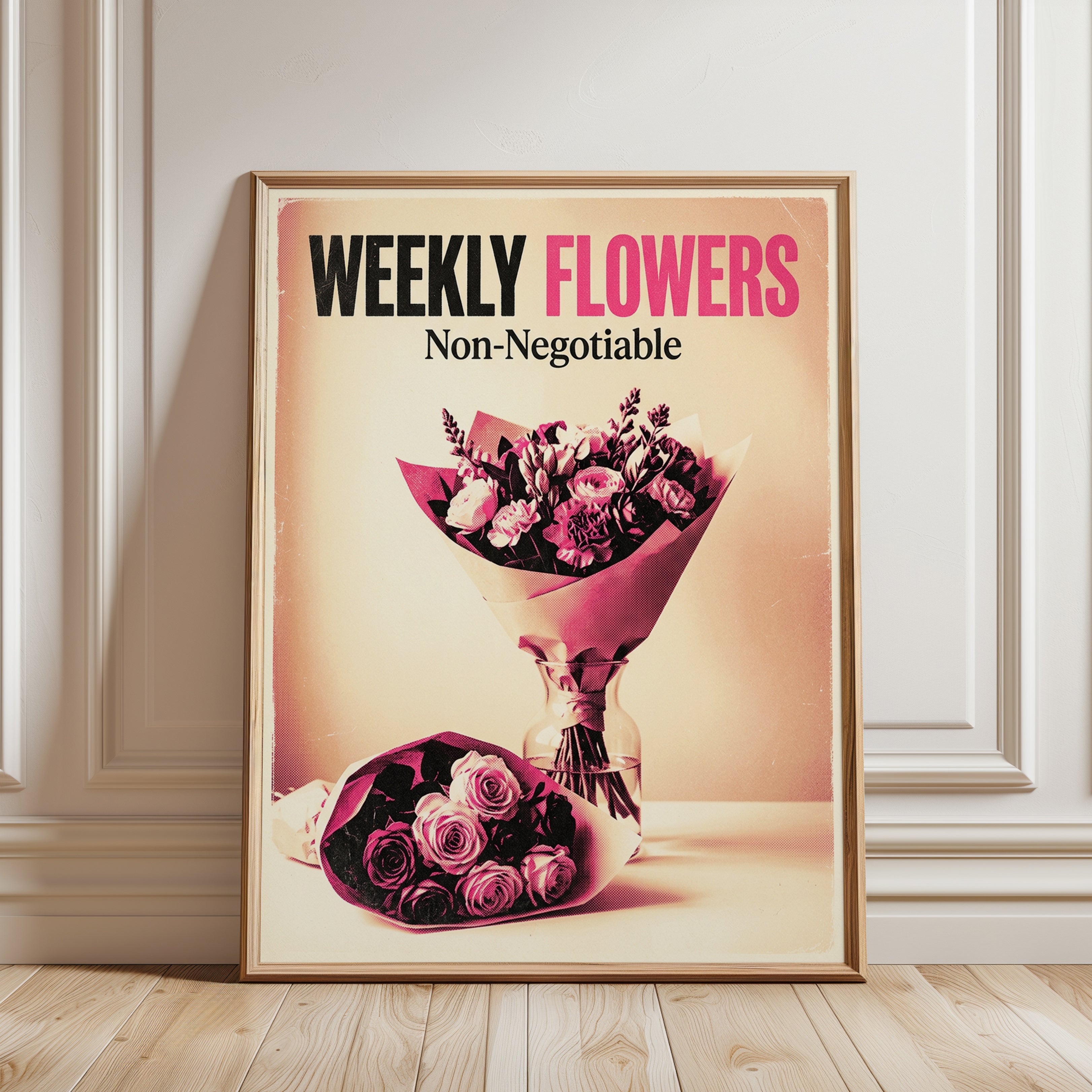 Weekly Flowers Vintage Poster: Retro Pink Floral Advertisement - framed detail