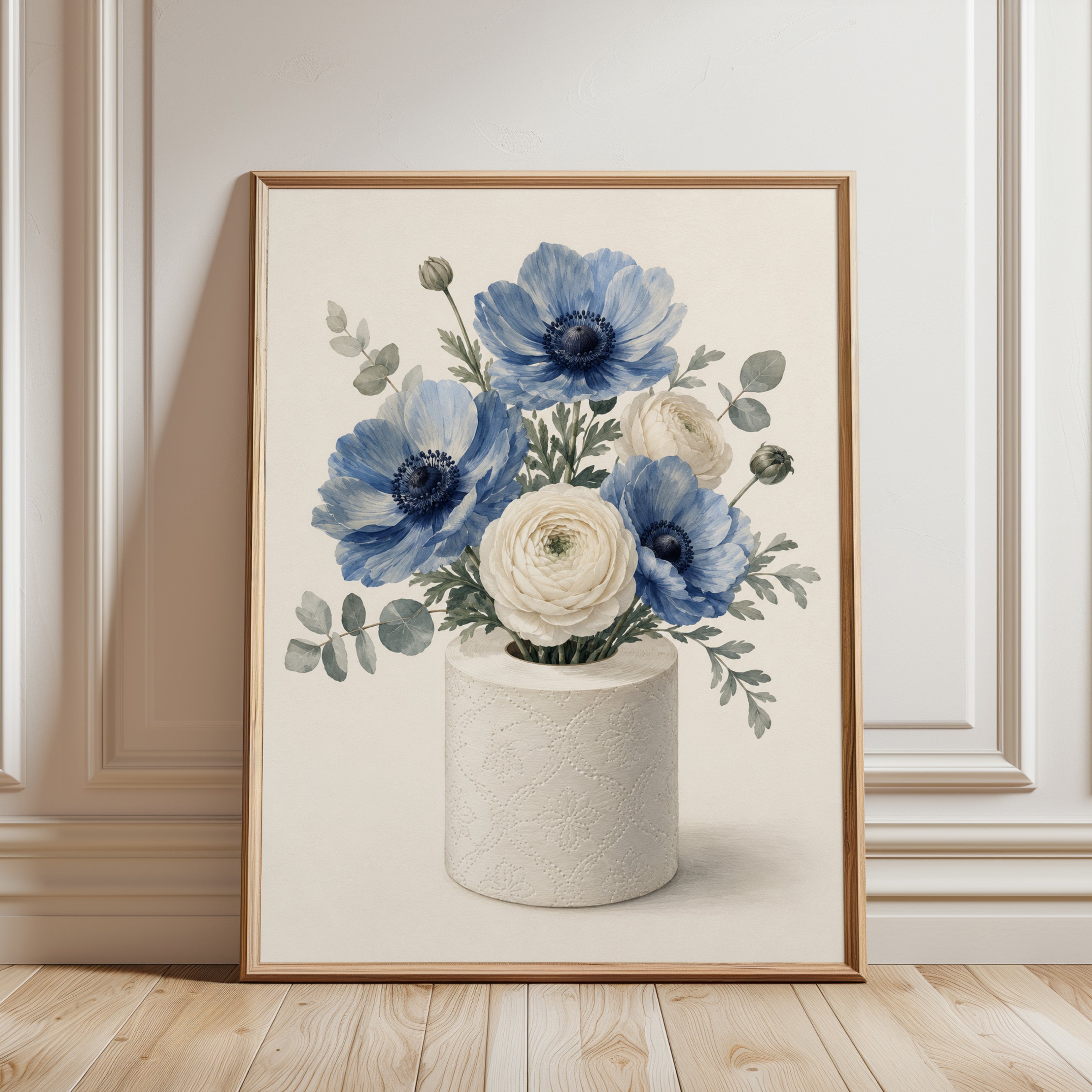 Blue Flower Vase Print – Botanical Wall Art - framed detail