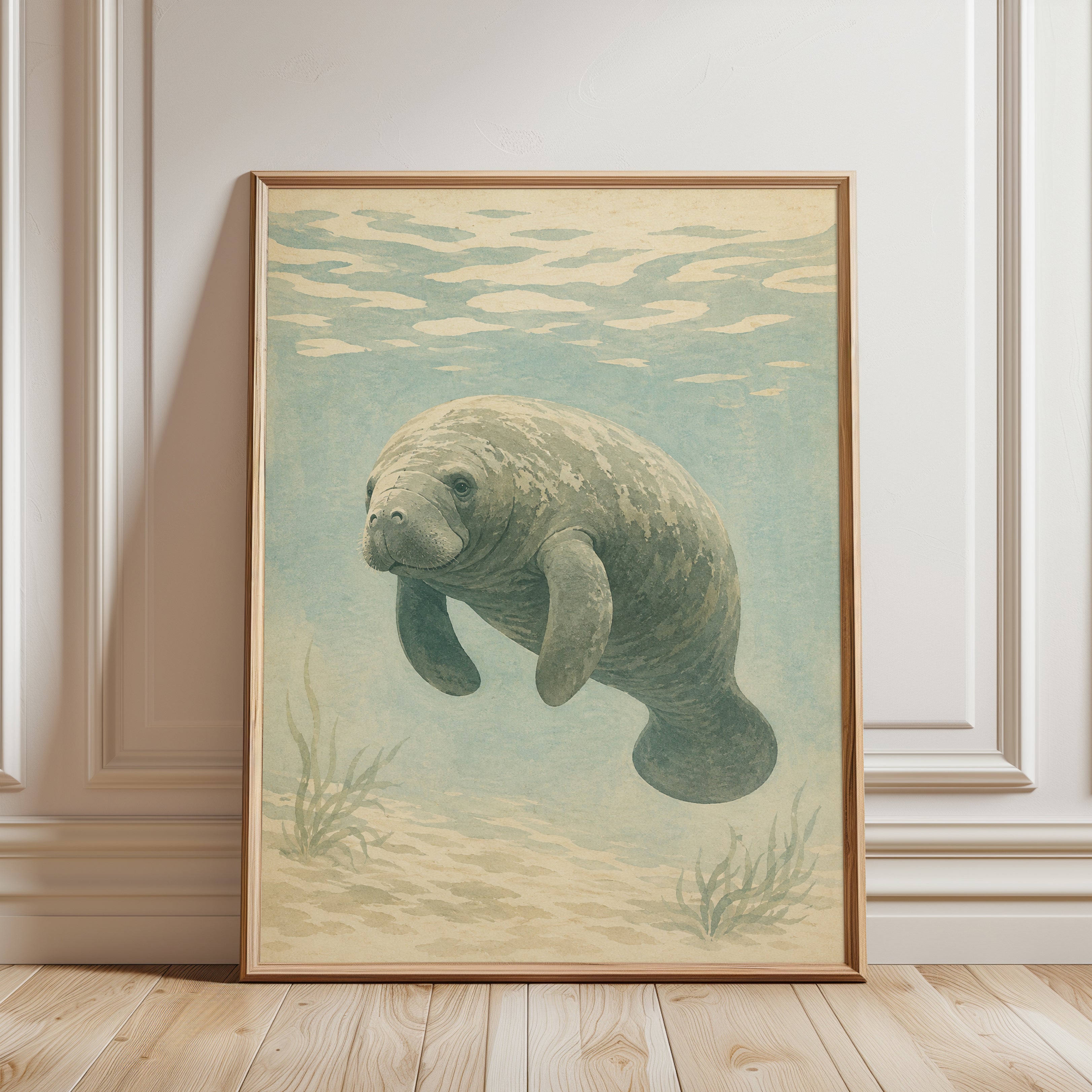 Manatee Underwater Art Print: Vintage Watercolor Marine Life - framed detail