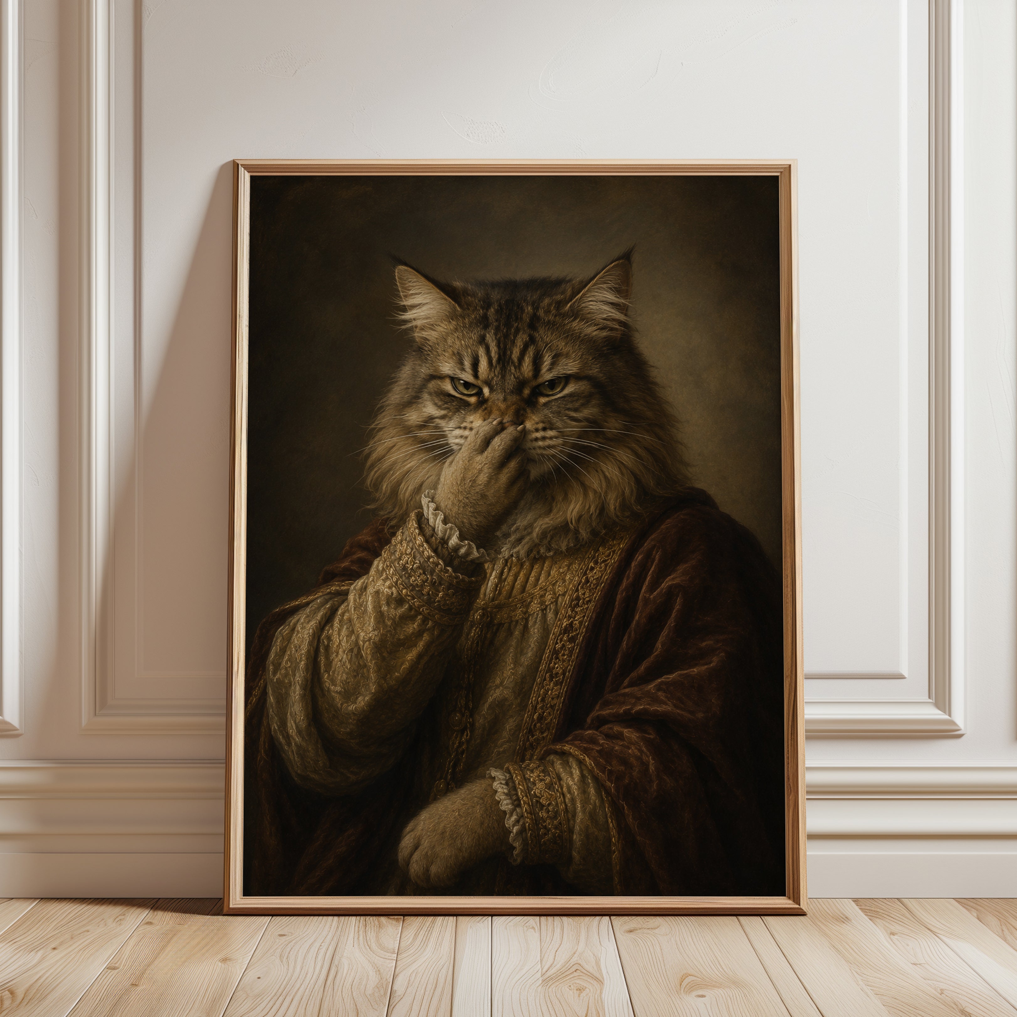 Funny Bathroom Poster Cat Portrait Art Print: Renaissance Attire - framed detail