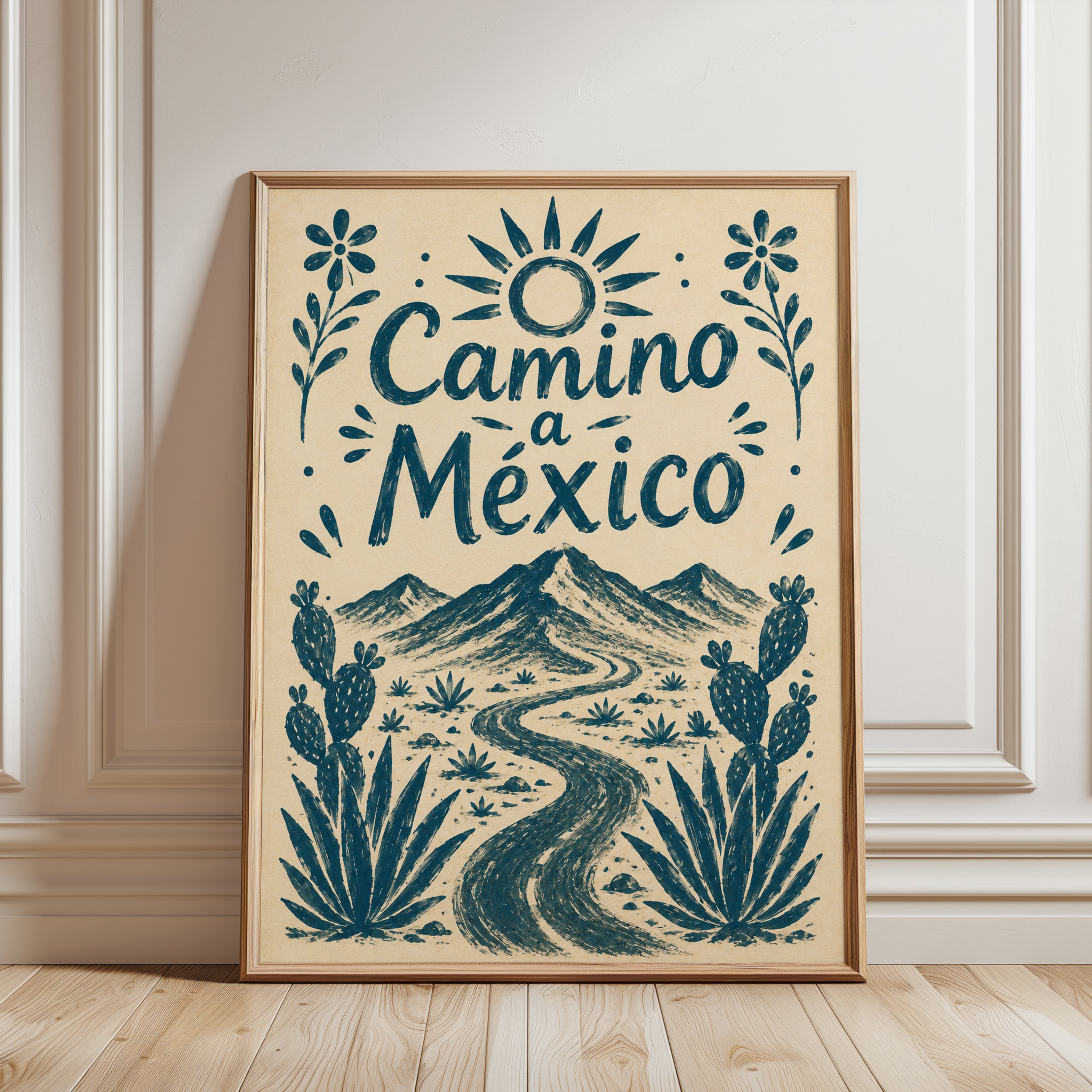 Camino a Mexico Poster: Vintage Travel Desert Landscape Art - framed detail