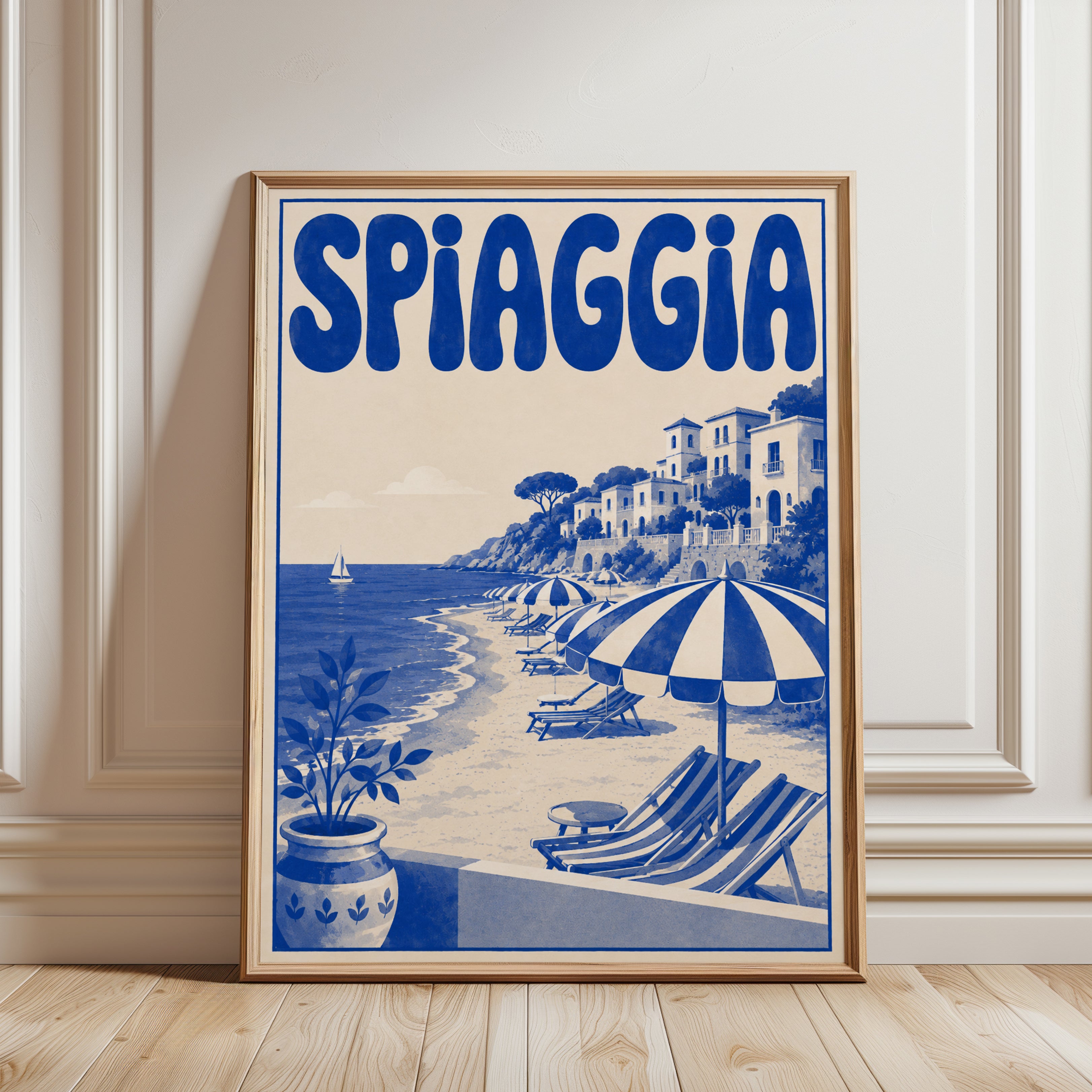 Italian Travel Poster: Vintage Coastal Beach Scene - framed detail