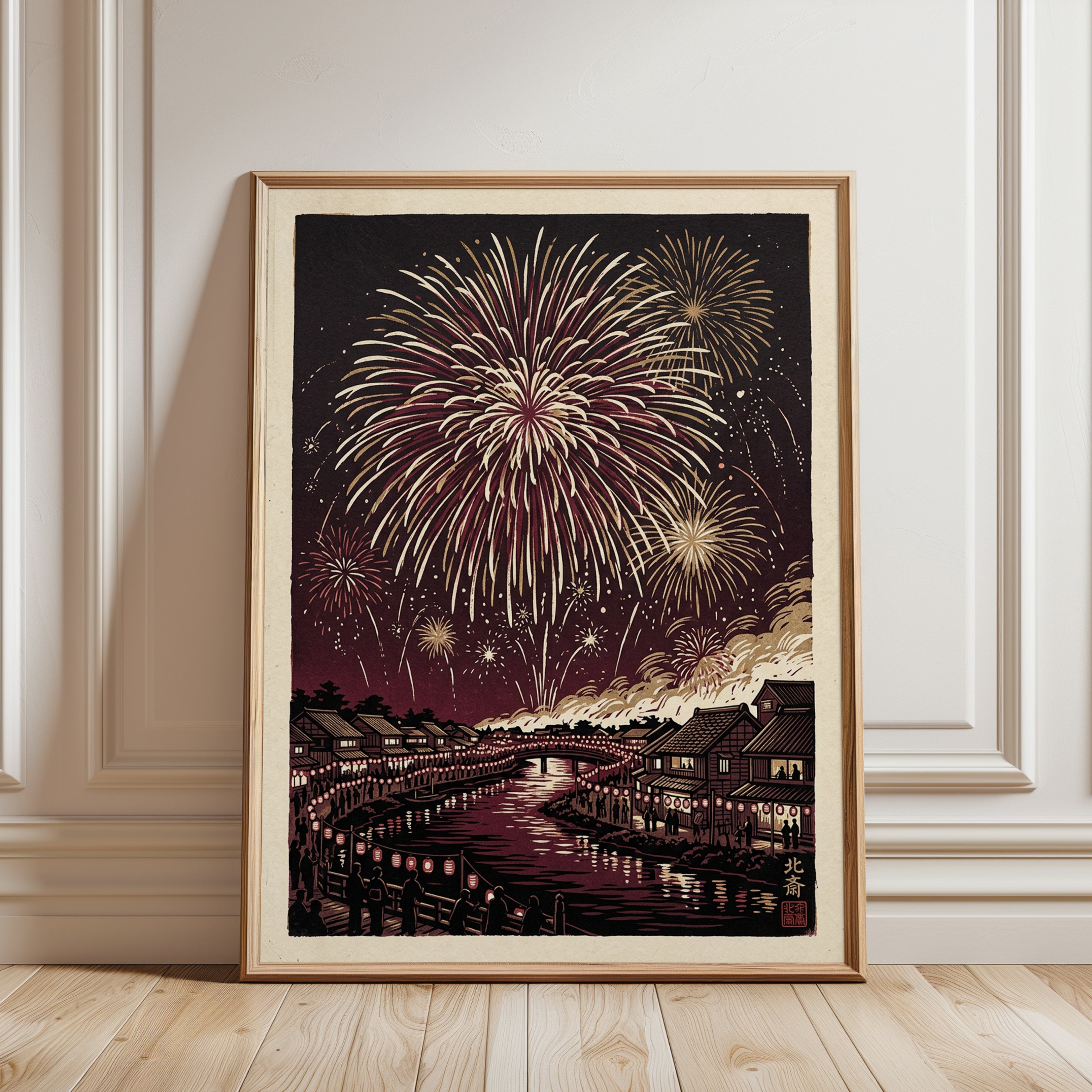 Japanese Fireworks Over River Print: Traditional Woodblock Style - framed detail