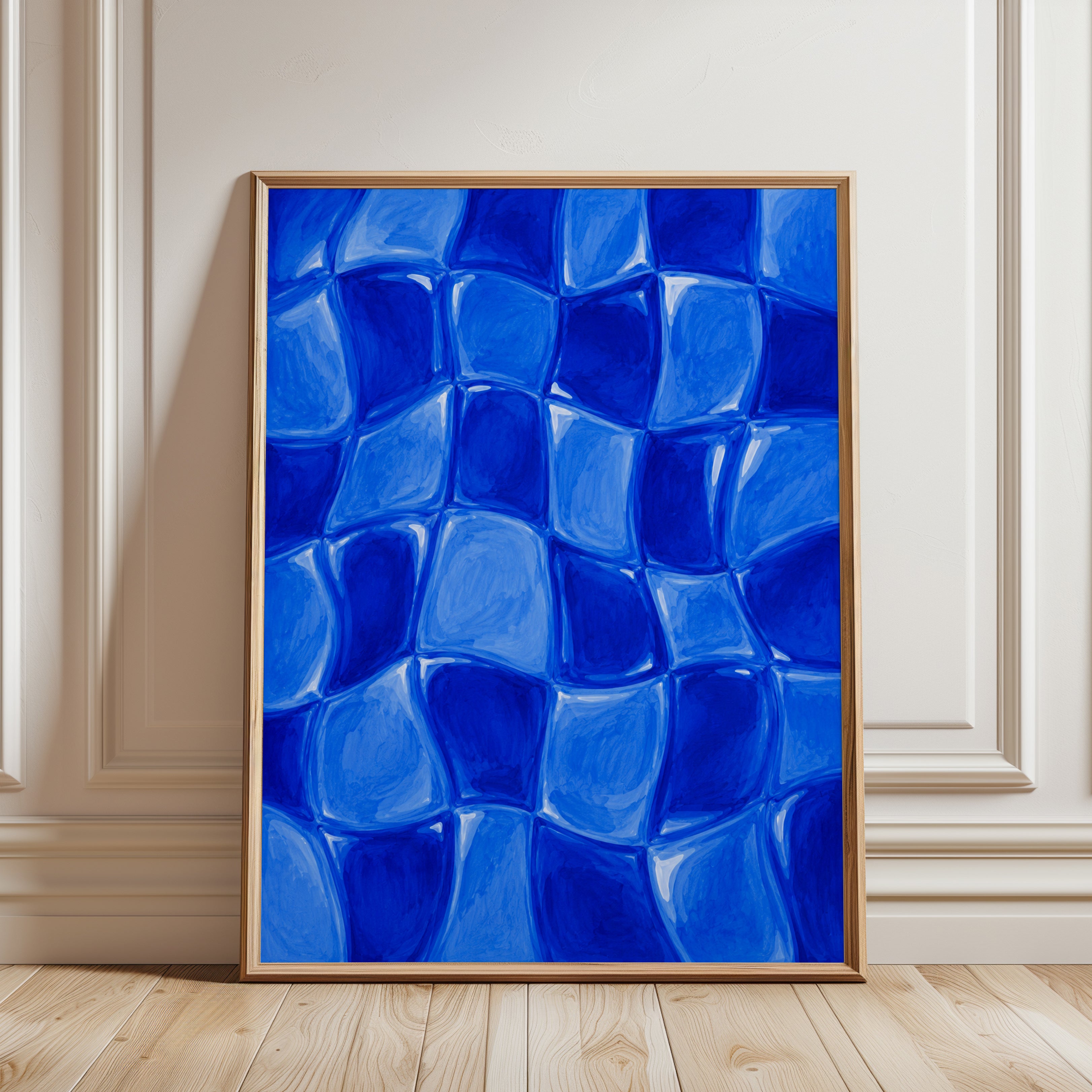 Blue Glass Mosaic Wall Art: Abstract Geometric Tile Pattern - framed detail
