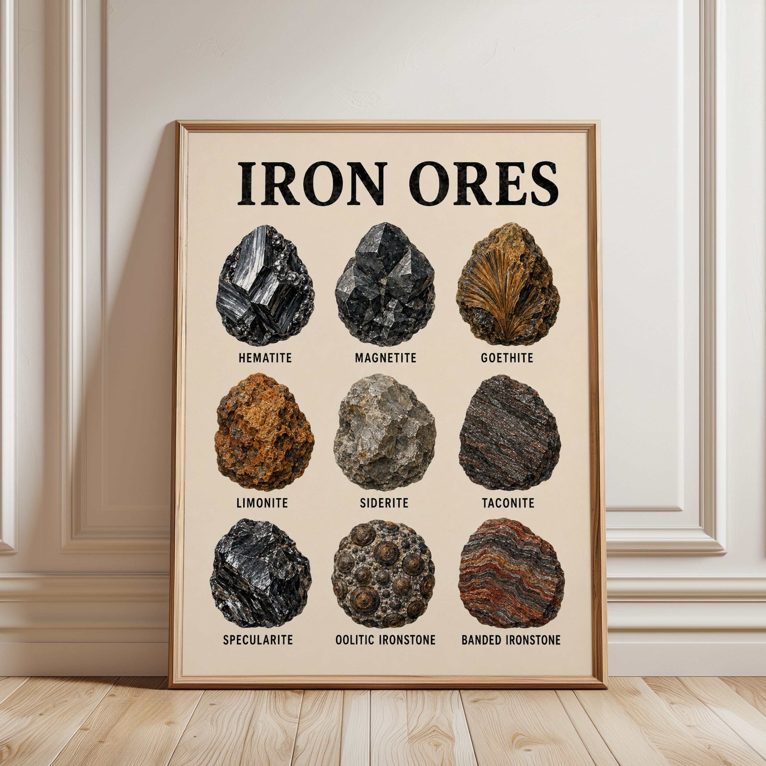 Iron Ores Chart Print: Vintage Mineralogy Science Poster - framed detail