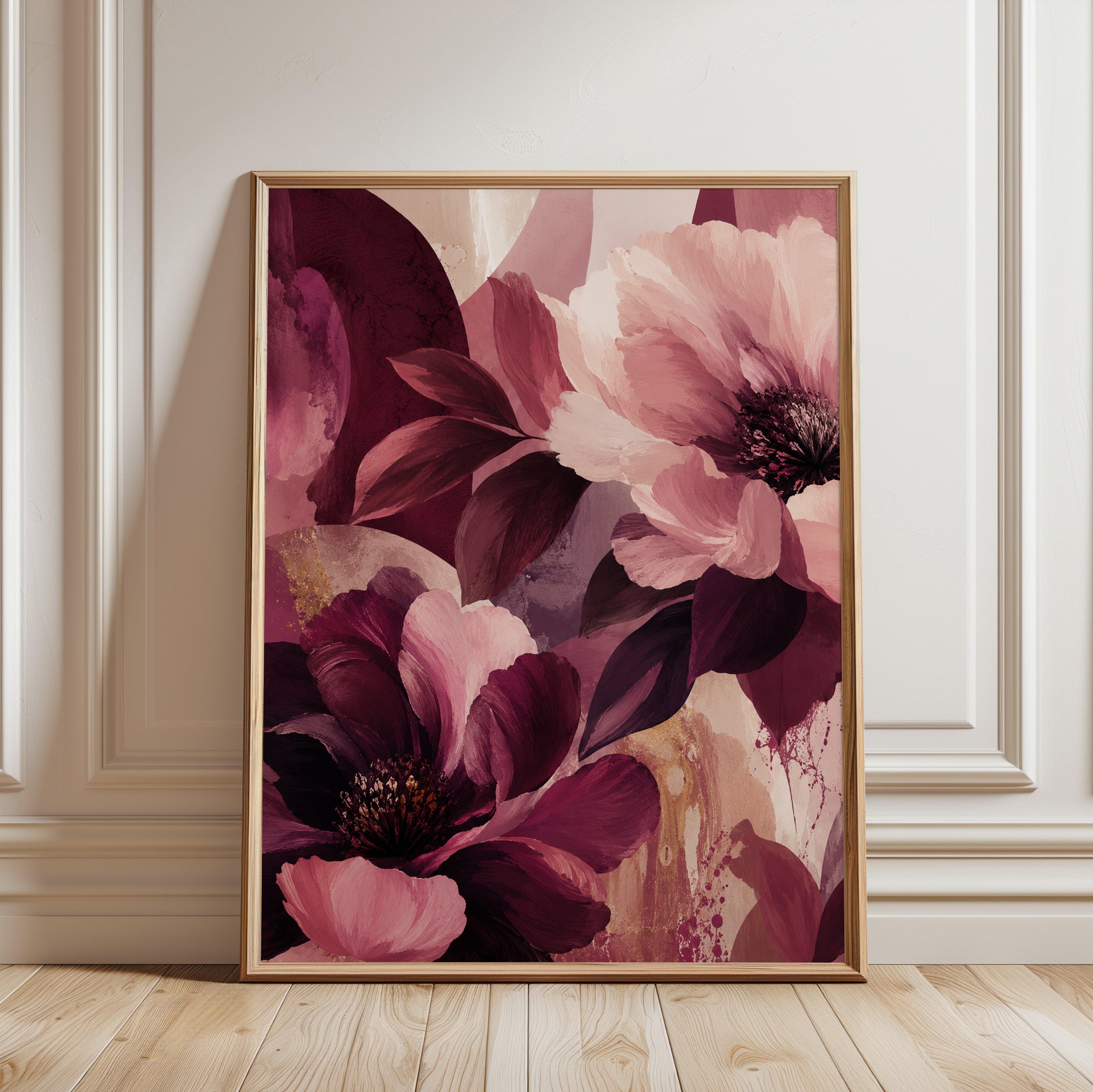 Burgundy Flower Wall Art – Pink Floral Print - framed detail