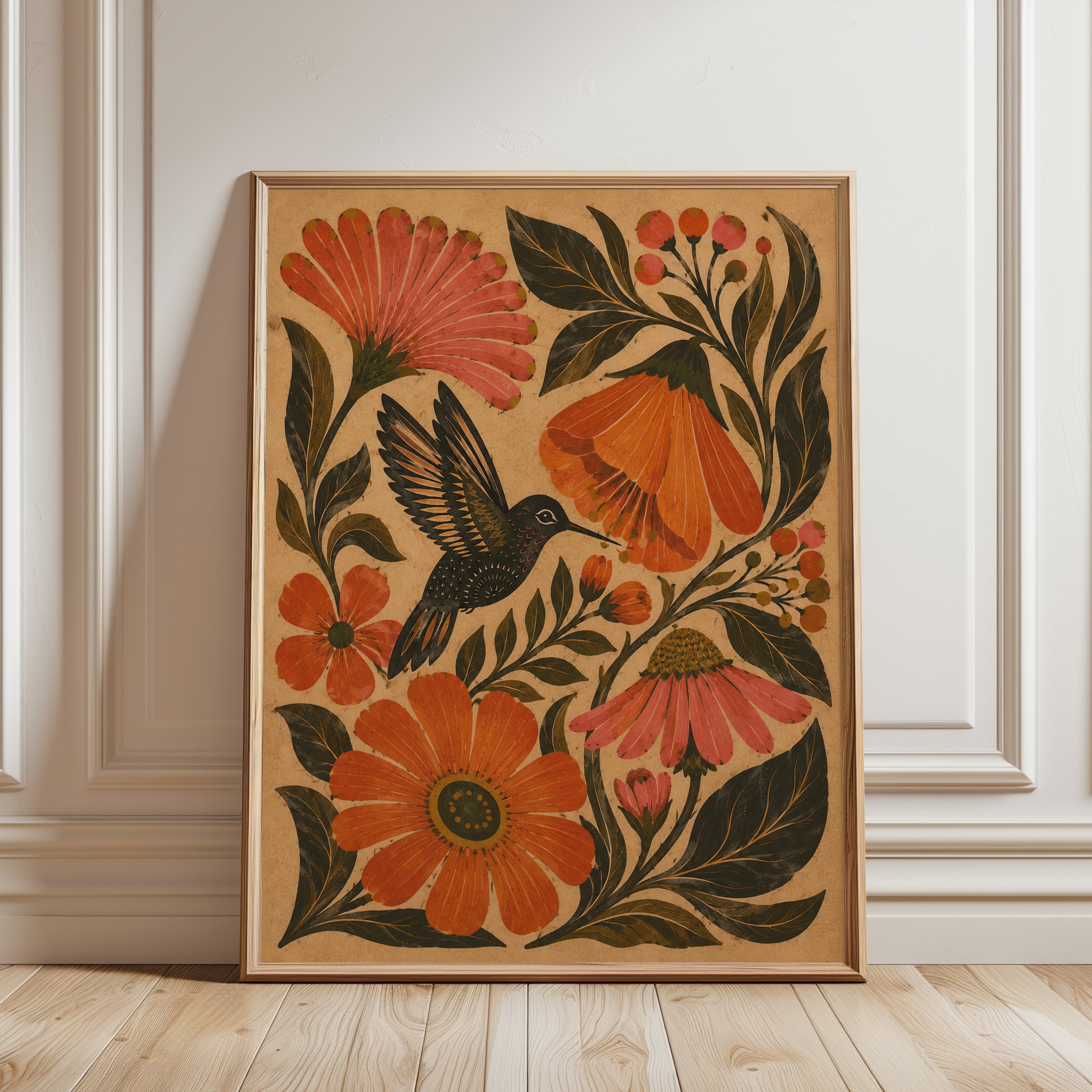 Folk Art Bird and Floral Print — Vintage Botanical Illustration - framed detail