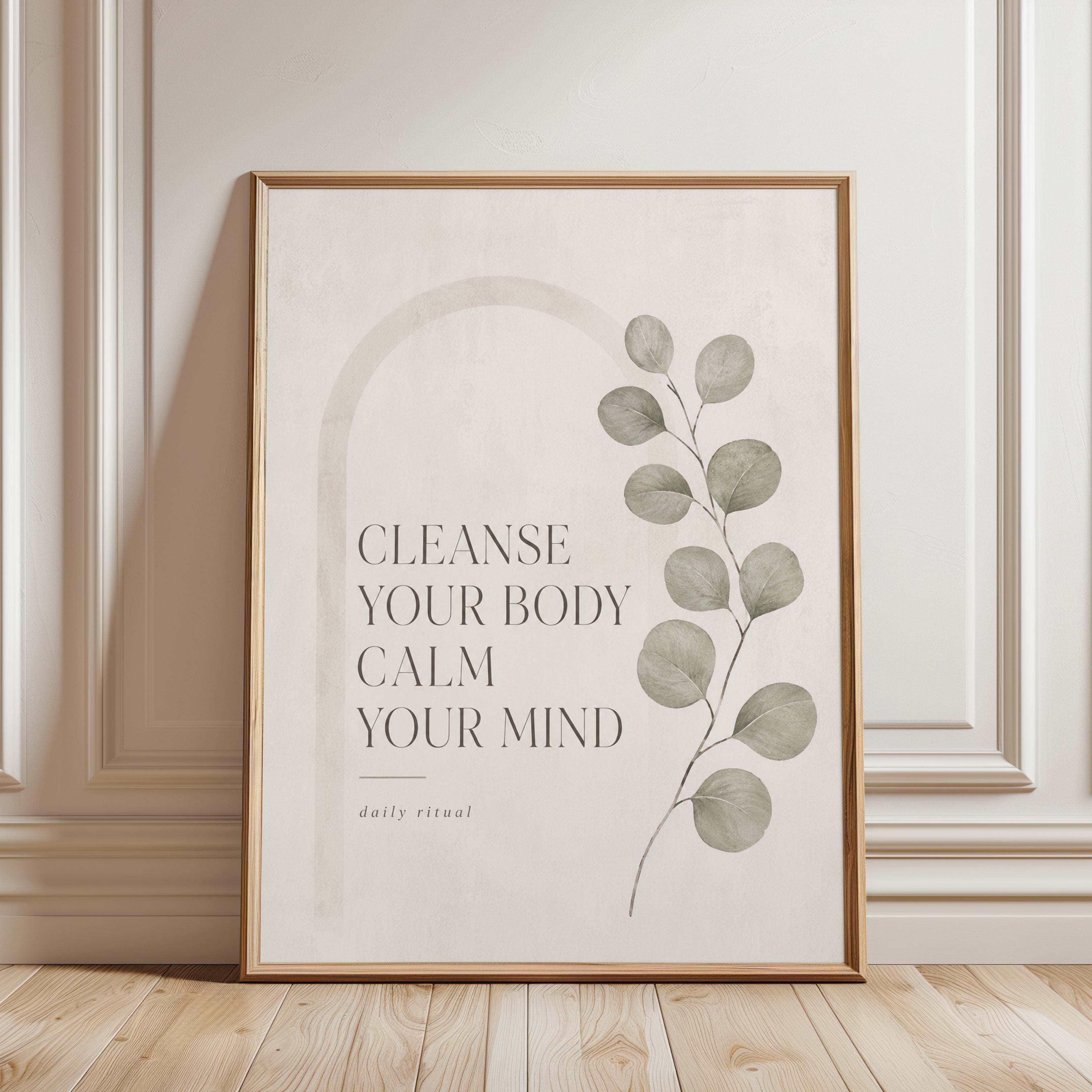 Eucalyptus Mindfulness Quote Print: Neutral Spa Wall Art - framed detail
