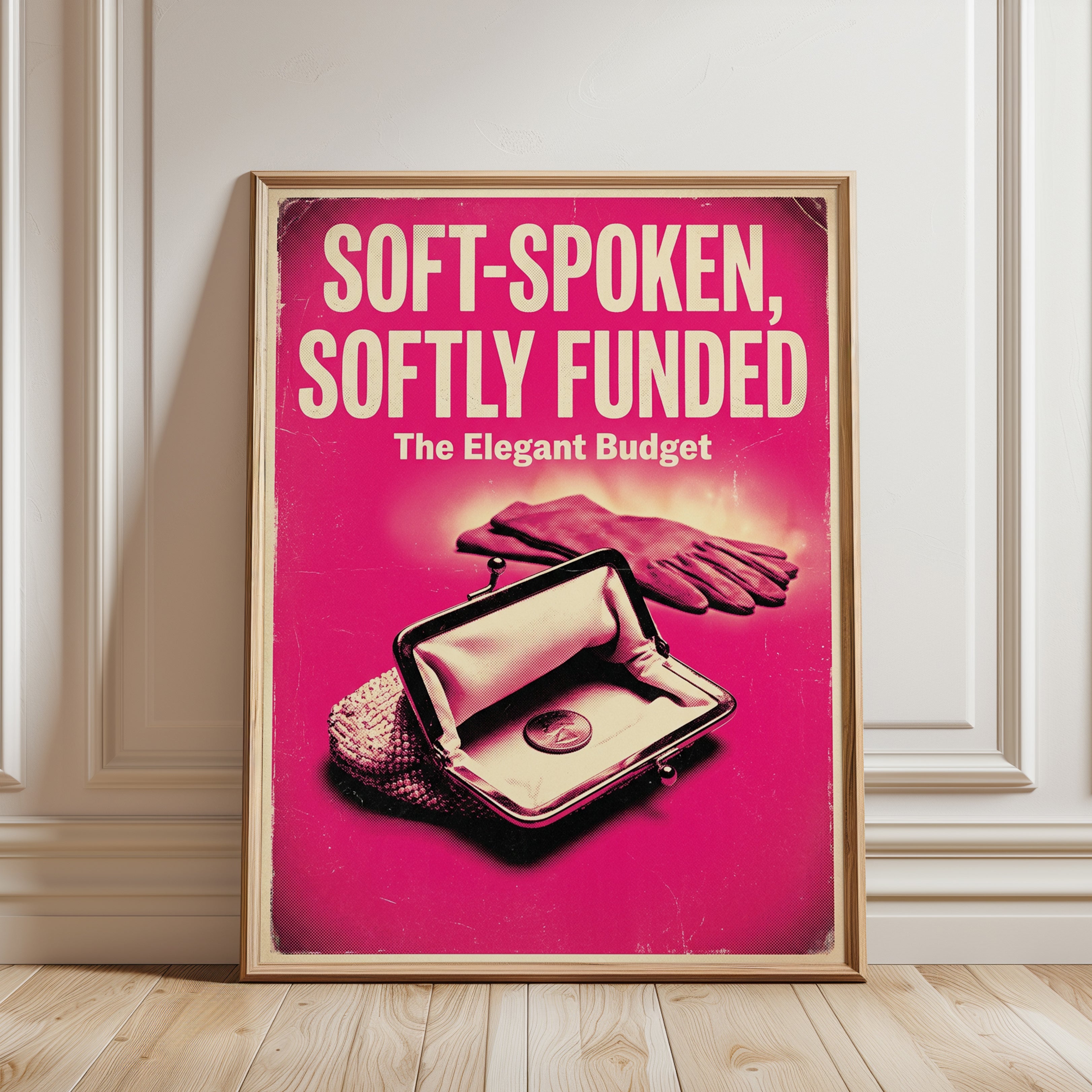 Vintage Pink Budget Poster: Retro 1950s Financial Advice Art Print - framed detail