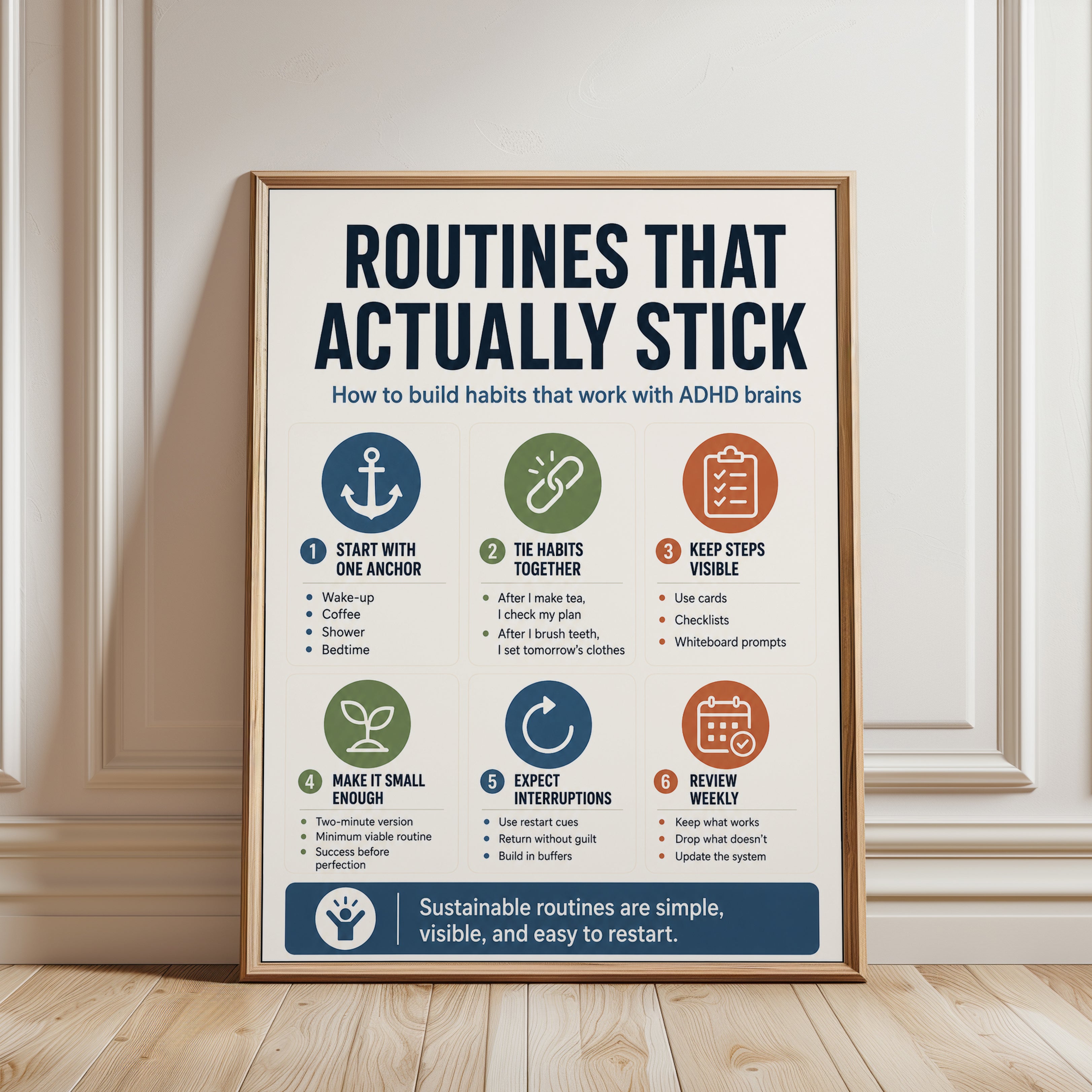 ADHD Habit Building Infographic Poster: Navy and Sage Design - framed detail