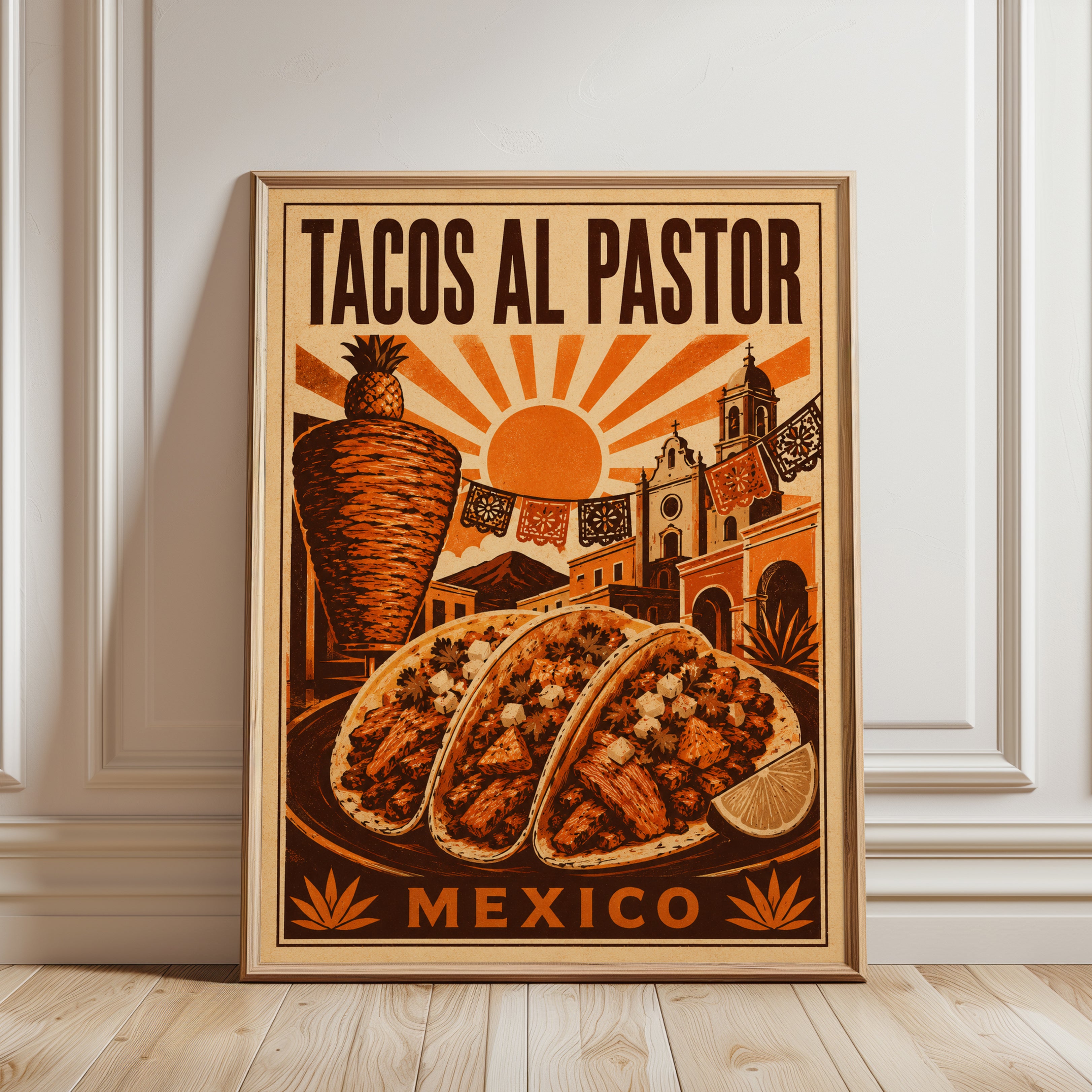 Tacos Al Pastor Print: Retro Mexican Food Poster - framed detail