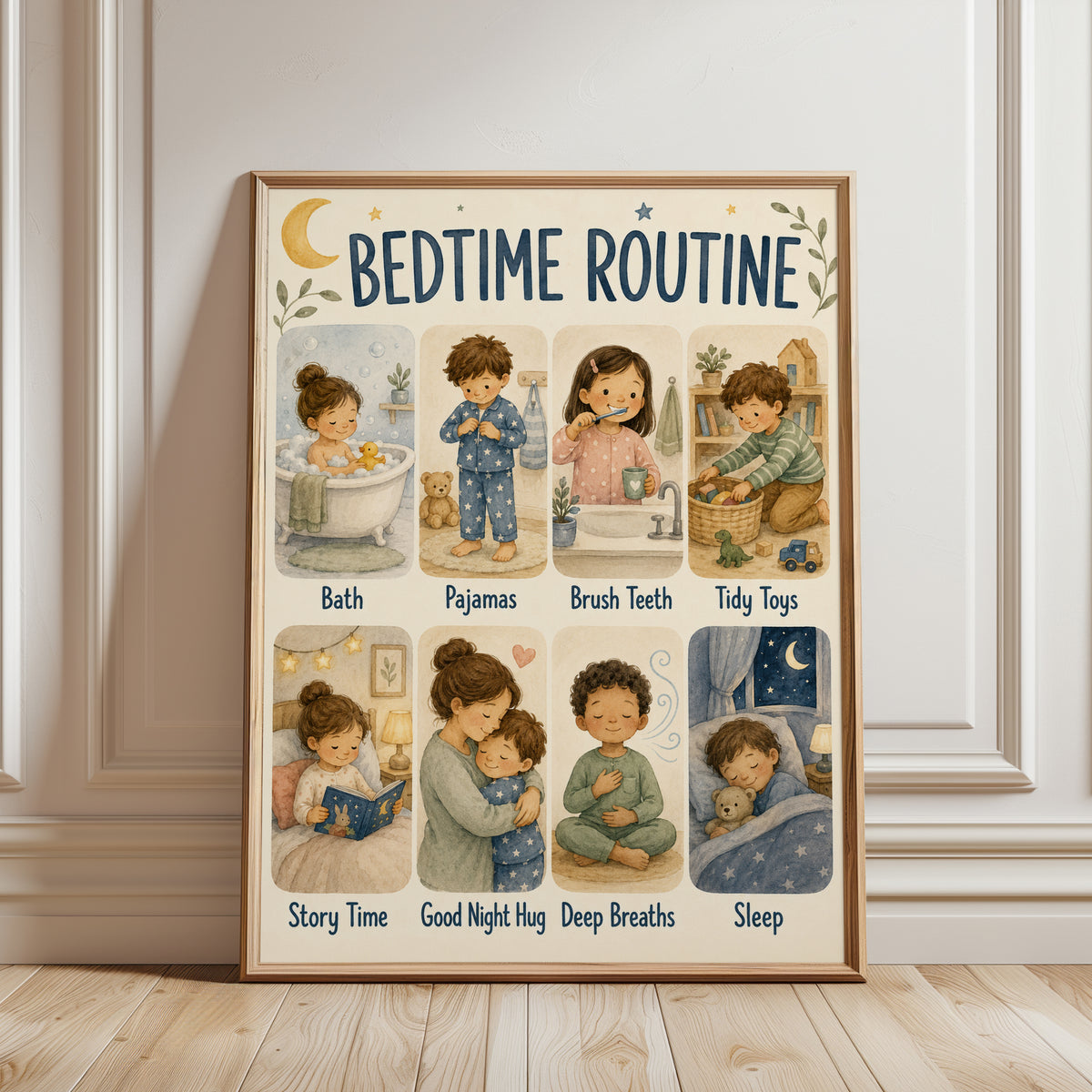 Bedtime Routine Chart: Watercolor Kids Art for Nursery & Bedroom - framed detail