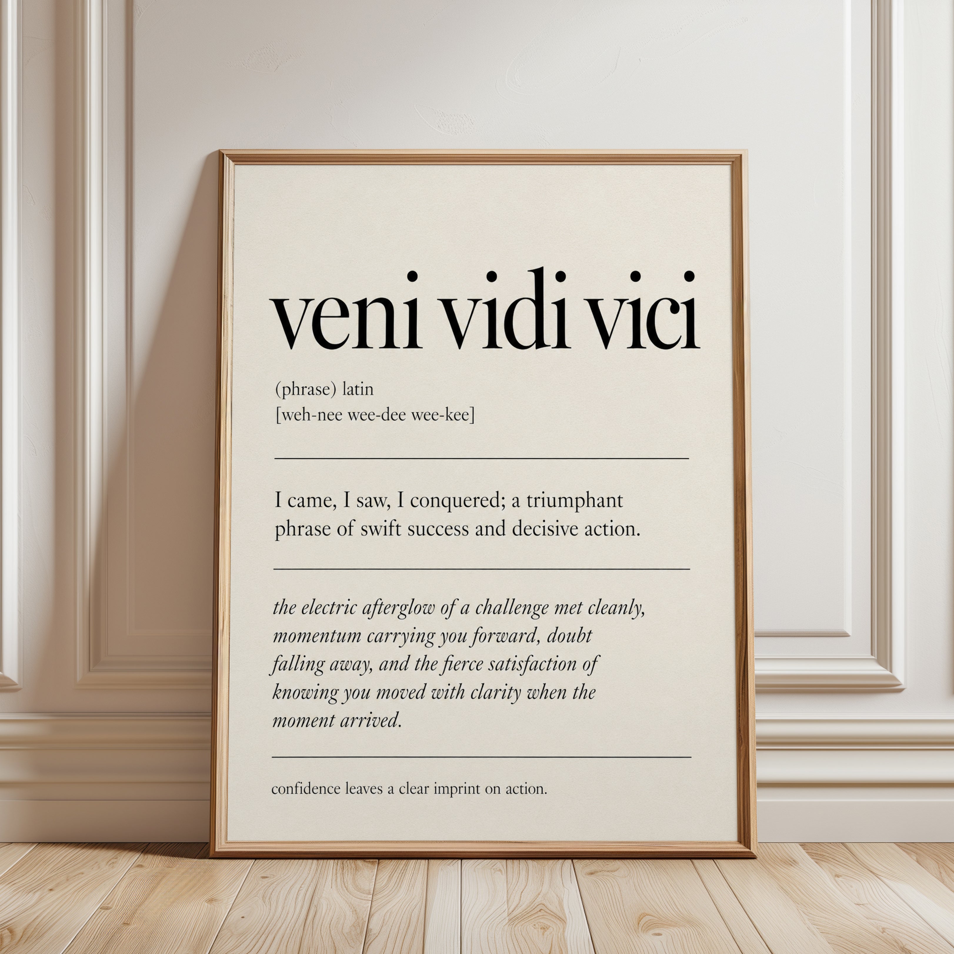 Veni Vidi Vici Latin Quote Print: Minimalist Typography Wall Art - framed detail
