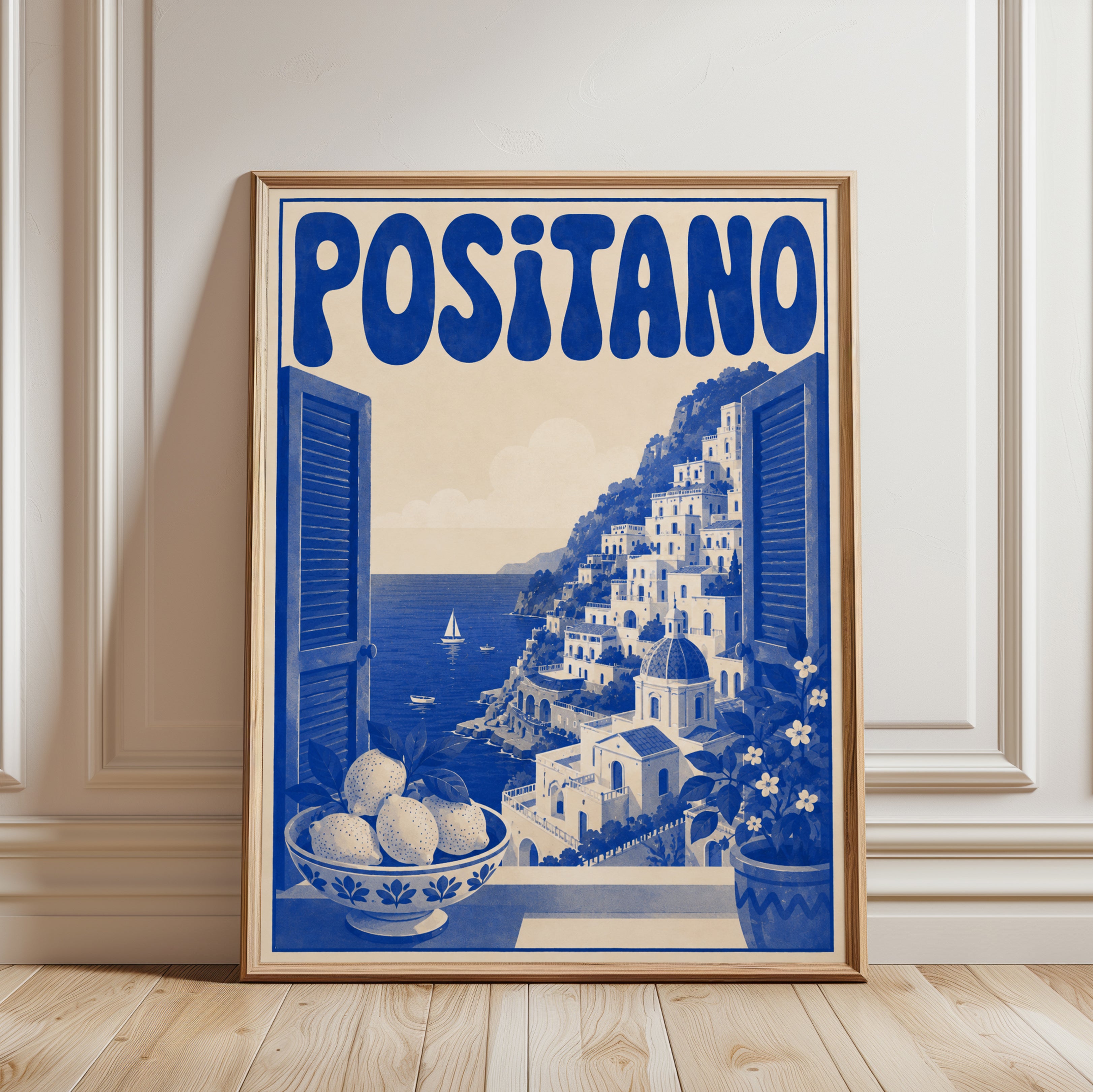 Positano Travel Poster Print: Vintage Italian Coastal Art - framed detail