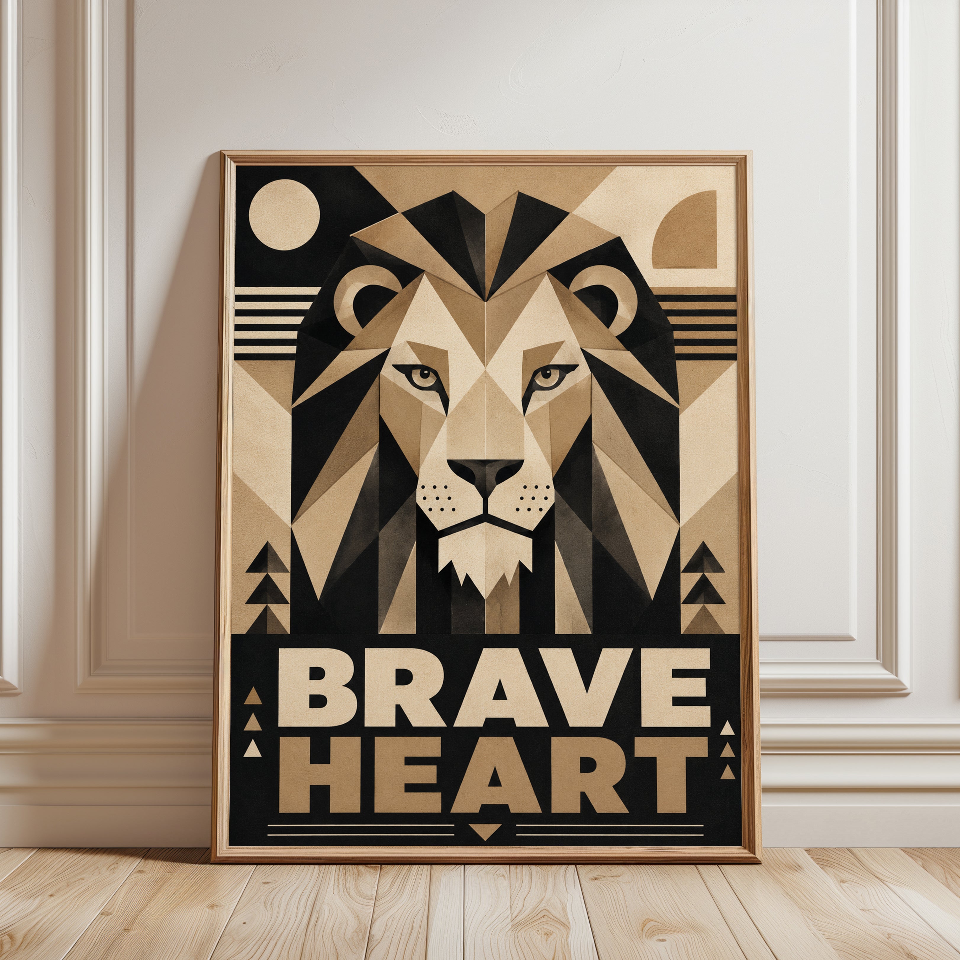 Geometric Lion Art Print: Art Deco Brave Heart Poster - framed detail
