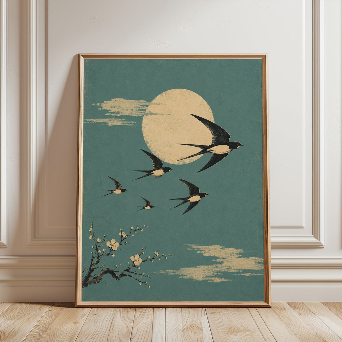 Swallows Art Print: Japanese Vintage Style - framed detail